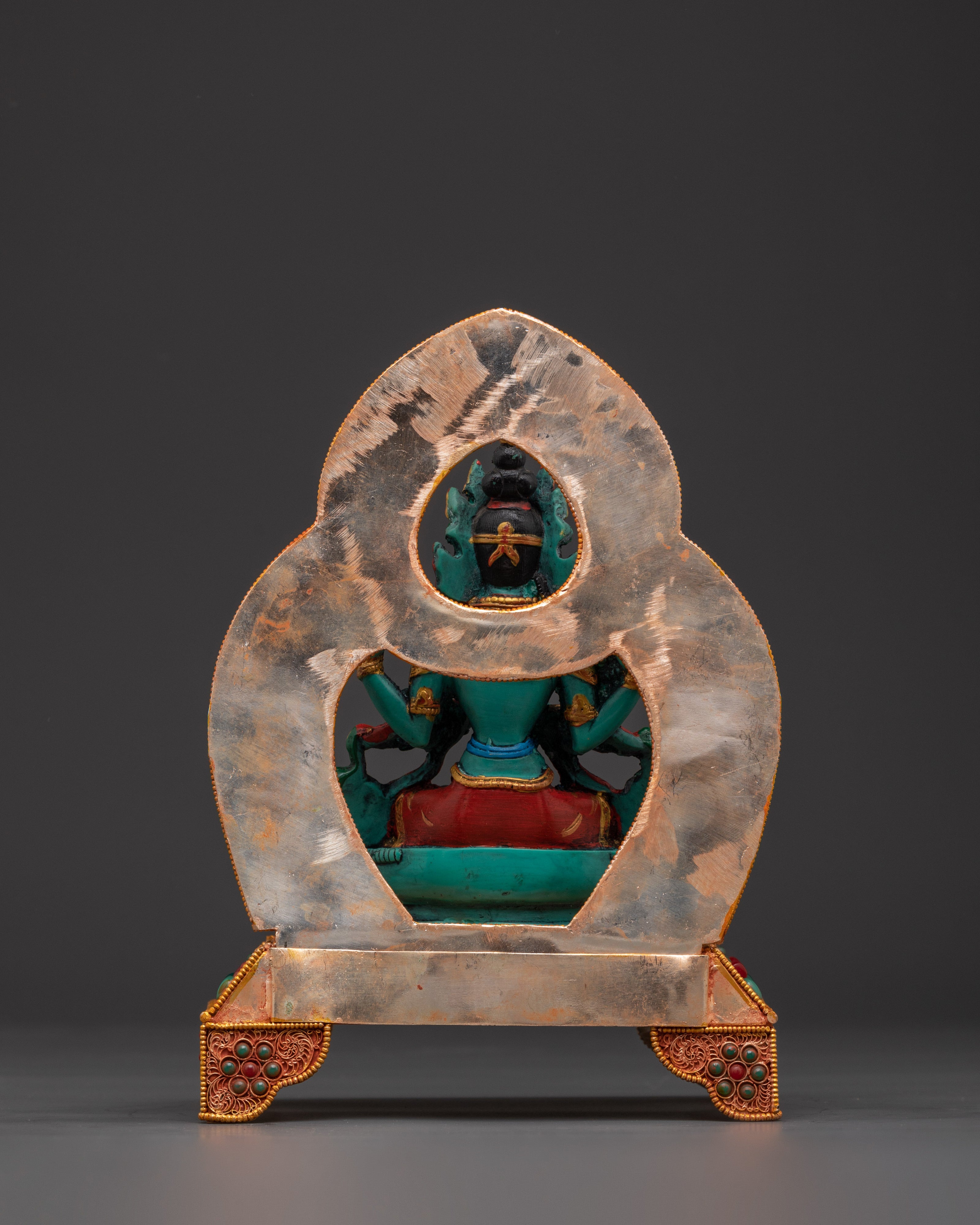 Four Armed Chenrezig with Halo and Throne Base | Tibetan Compassion Deity Sculpture