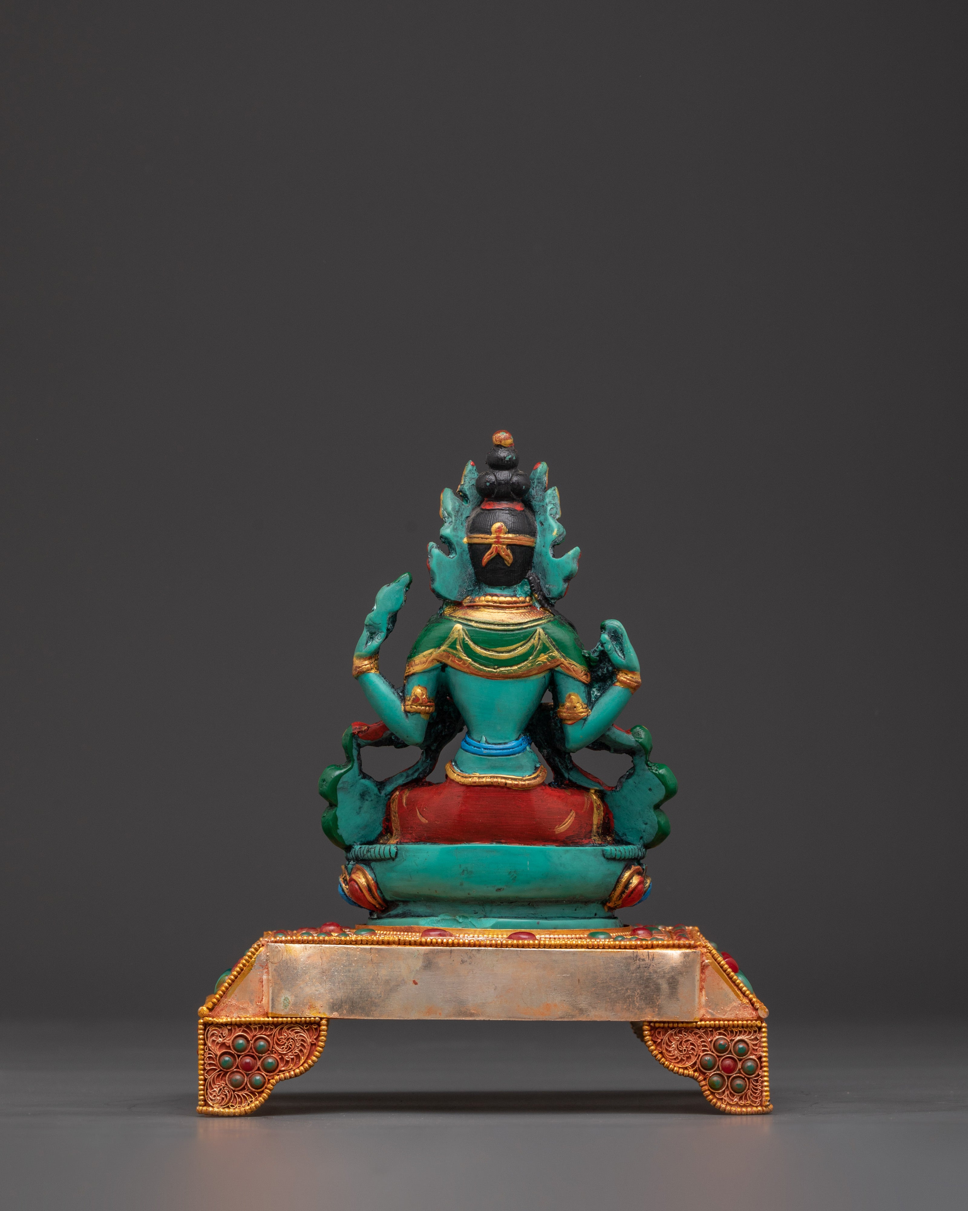 Four Armed Chenrezig with Halo and Throne Base | Tibetan Compassion Deity Sculpture