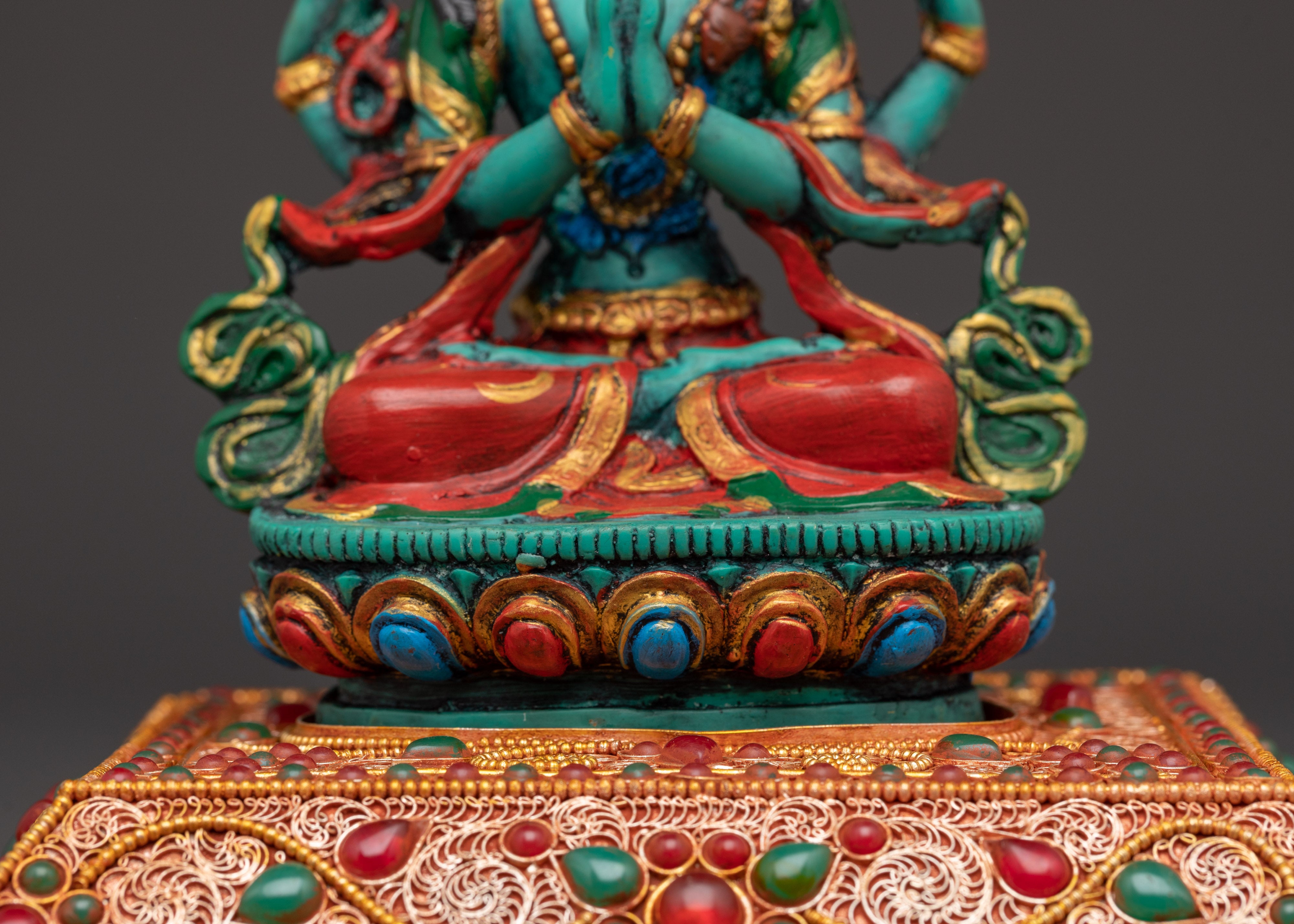 Four Armed Chenrezig with Halo and Throne Base | Tibetan Compassion Deity Sculpture