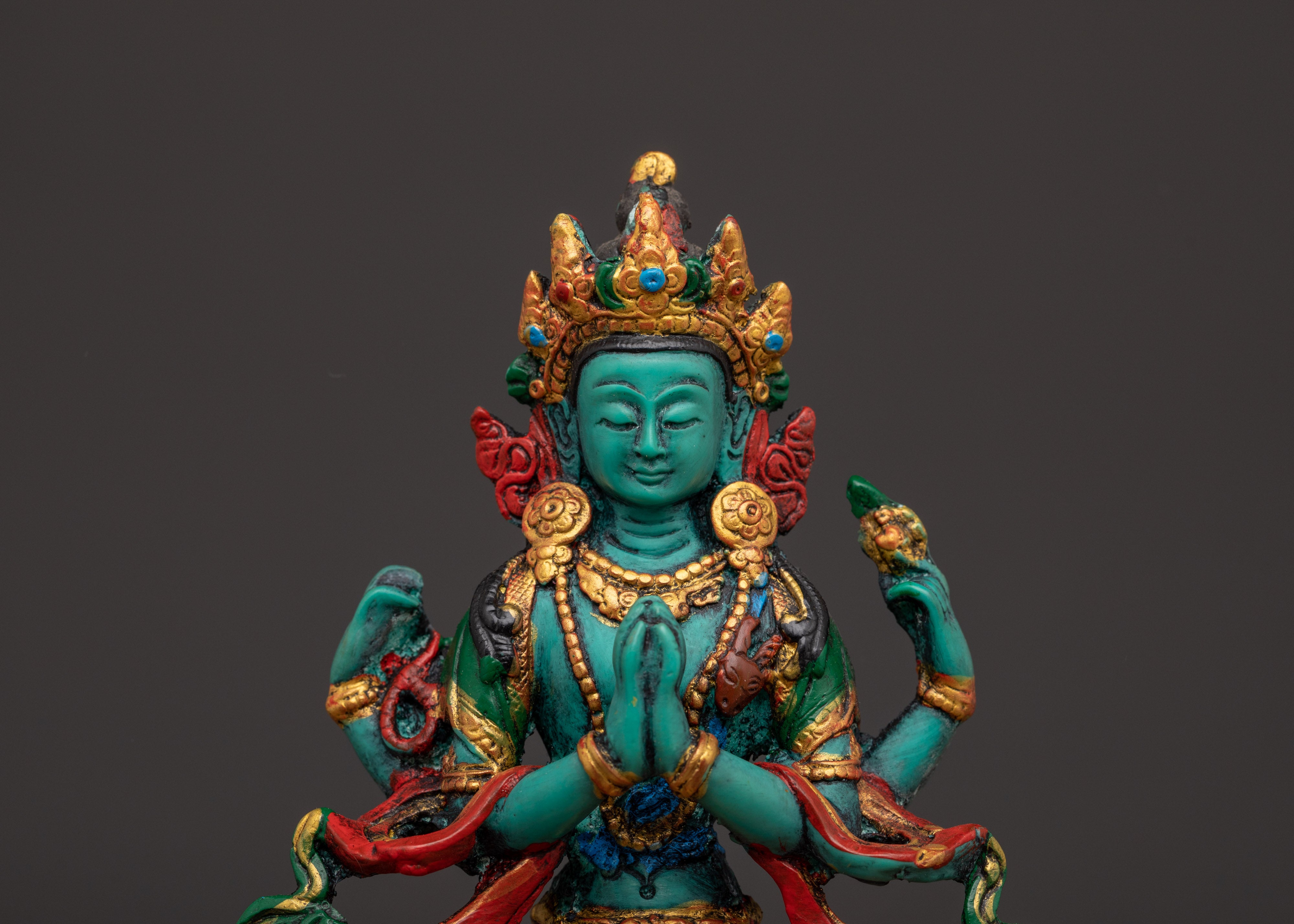 Four Armed Chenrezig with Halo and Throne Base | Tibetan Compassion Deity Sculpture