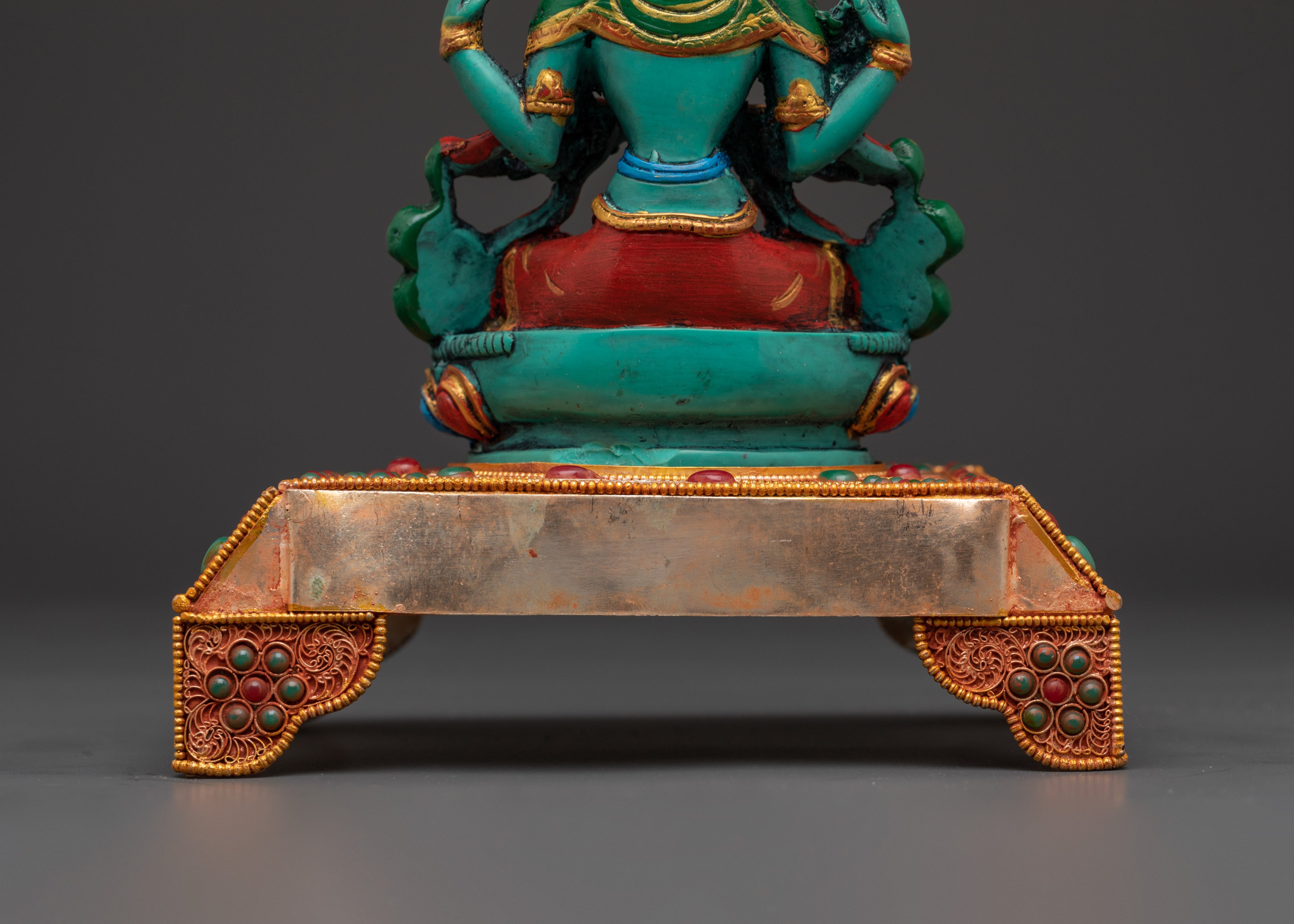 Four Armed Chenrezig with Halo and Throne Base | Tibetan Compassion Deity Sculpture