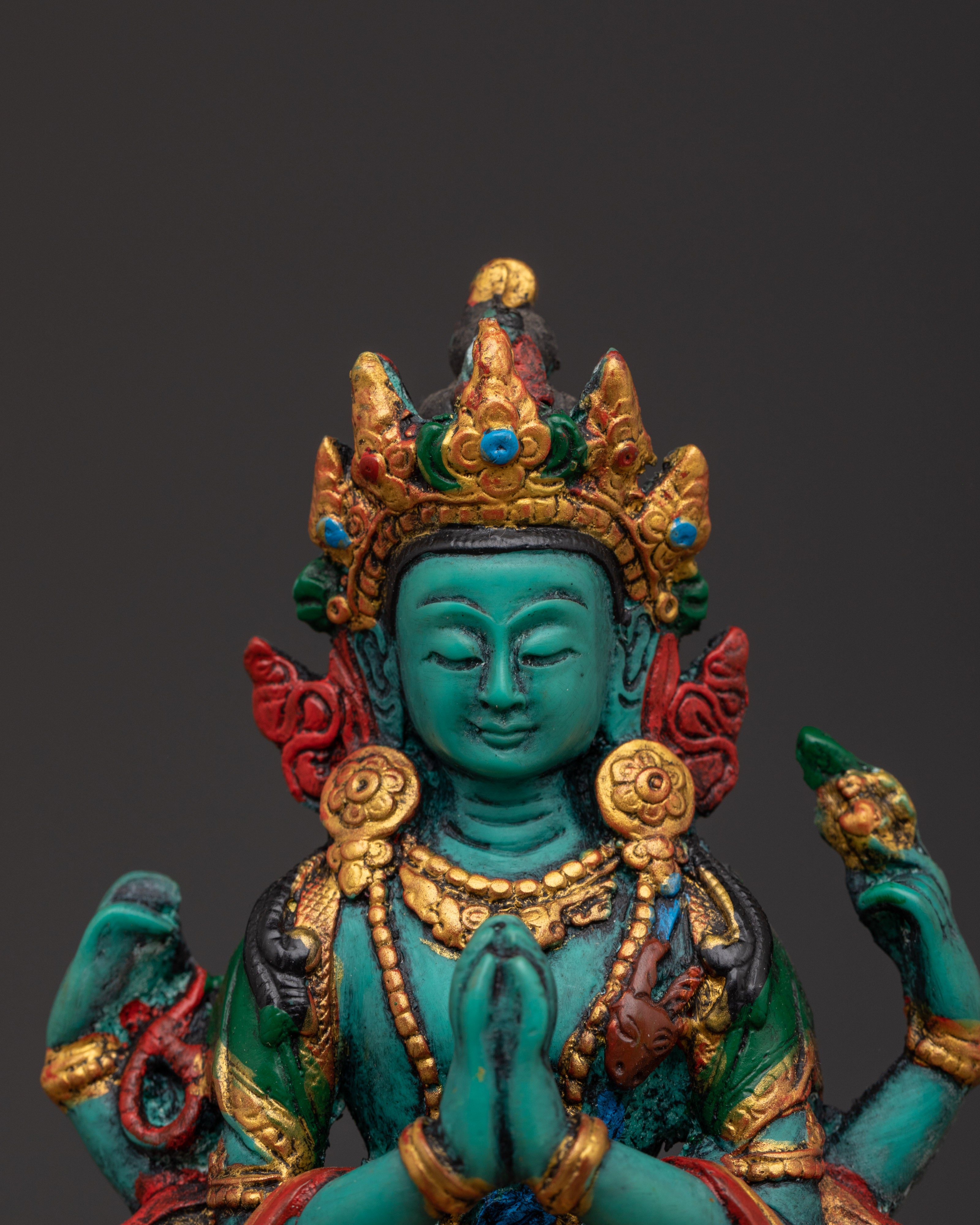 Four Armed Chenrezig with Halo and Throne Base | Tibetan Compassion Deity Sculpture