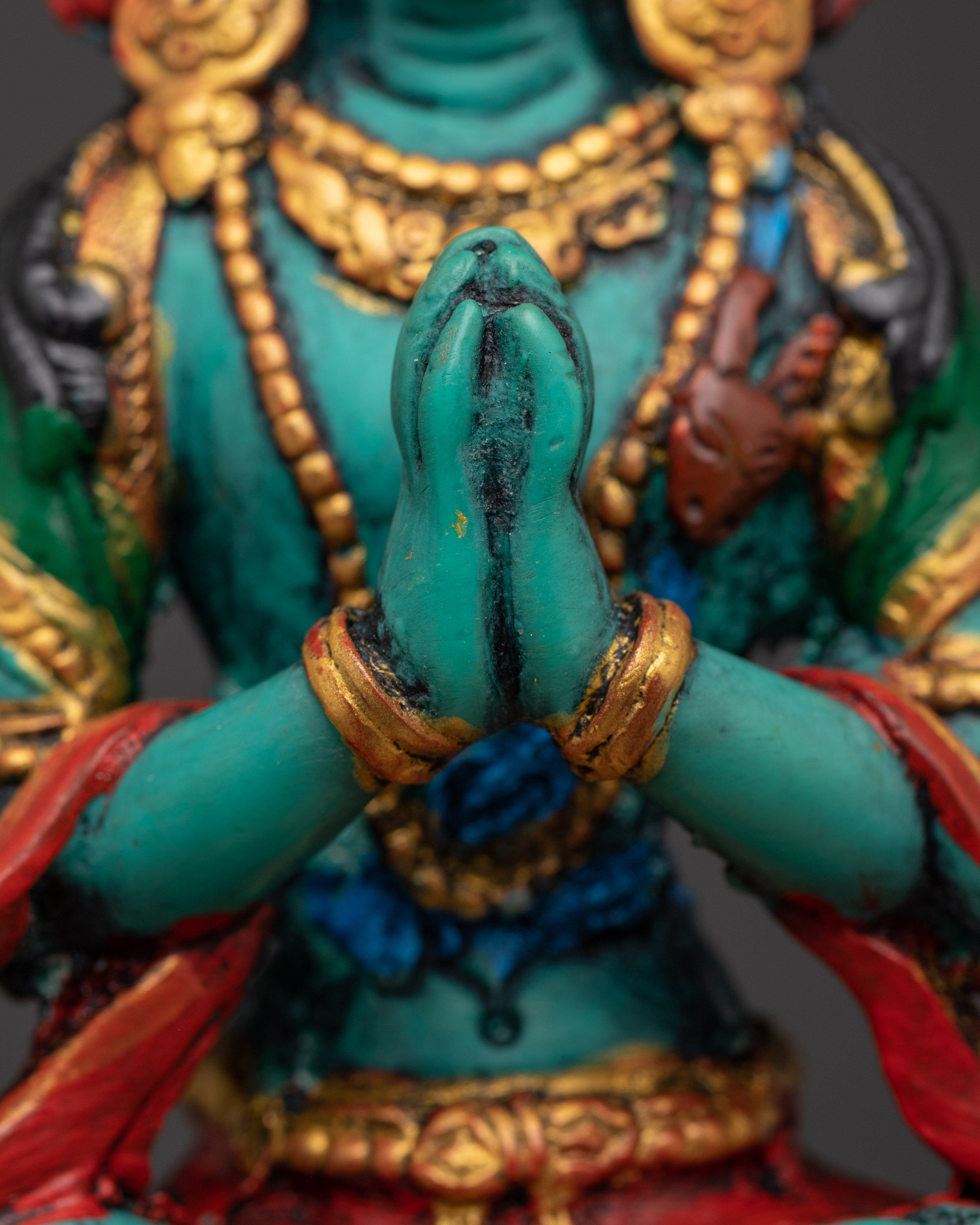 Four Armed Chenrezig with Halo and Throne Base | Tibetan Compassion Deity Sculpture