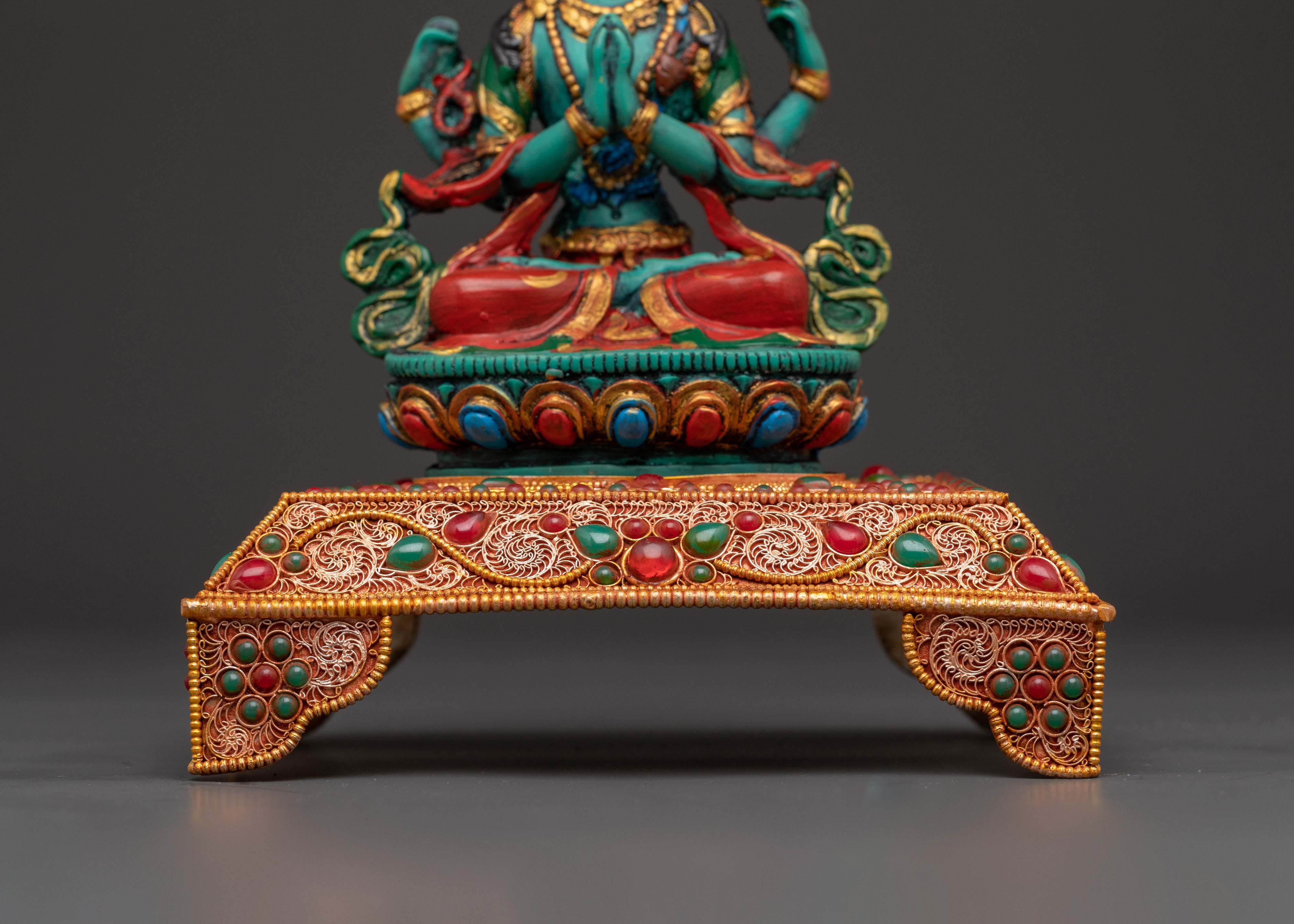 Four Armed Chenrezig with Halo and Throne Base | Tibetan Compassion Deity Sculpture