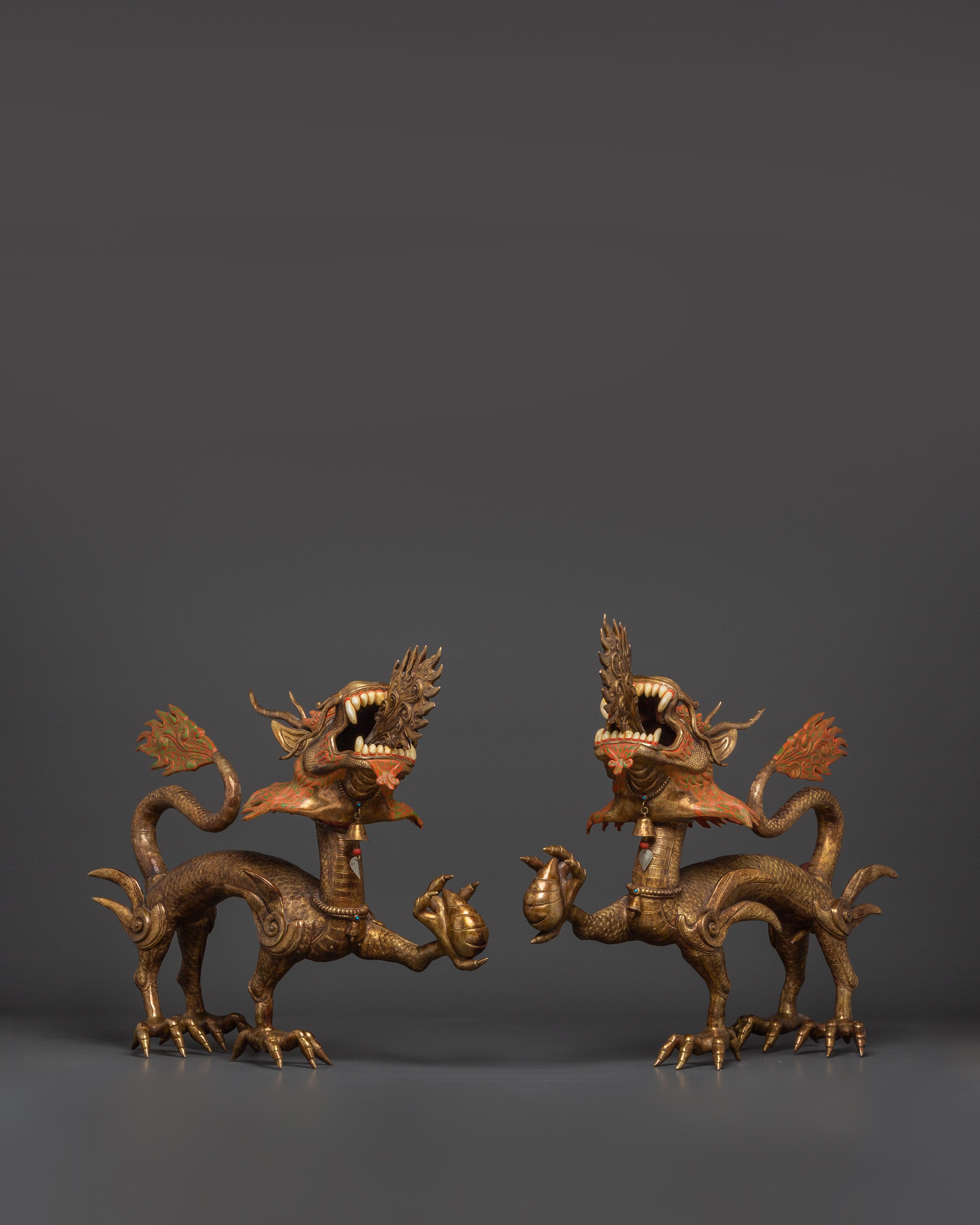 Dual Dragon Guardians Copper Statue Set | Handcrafted Feng Shui Dragon Decor