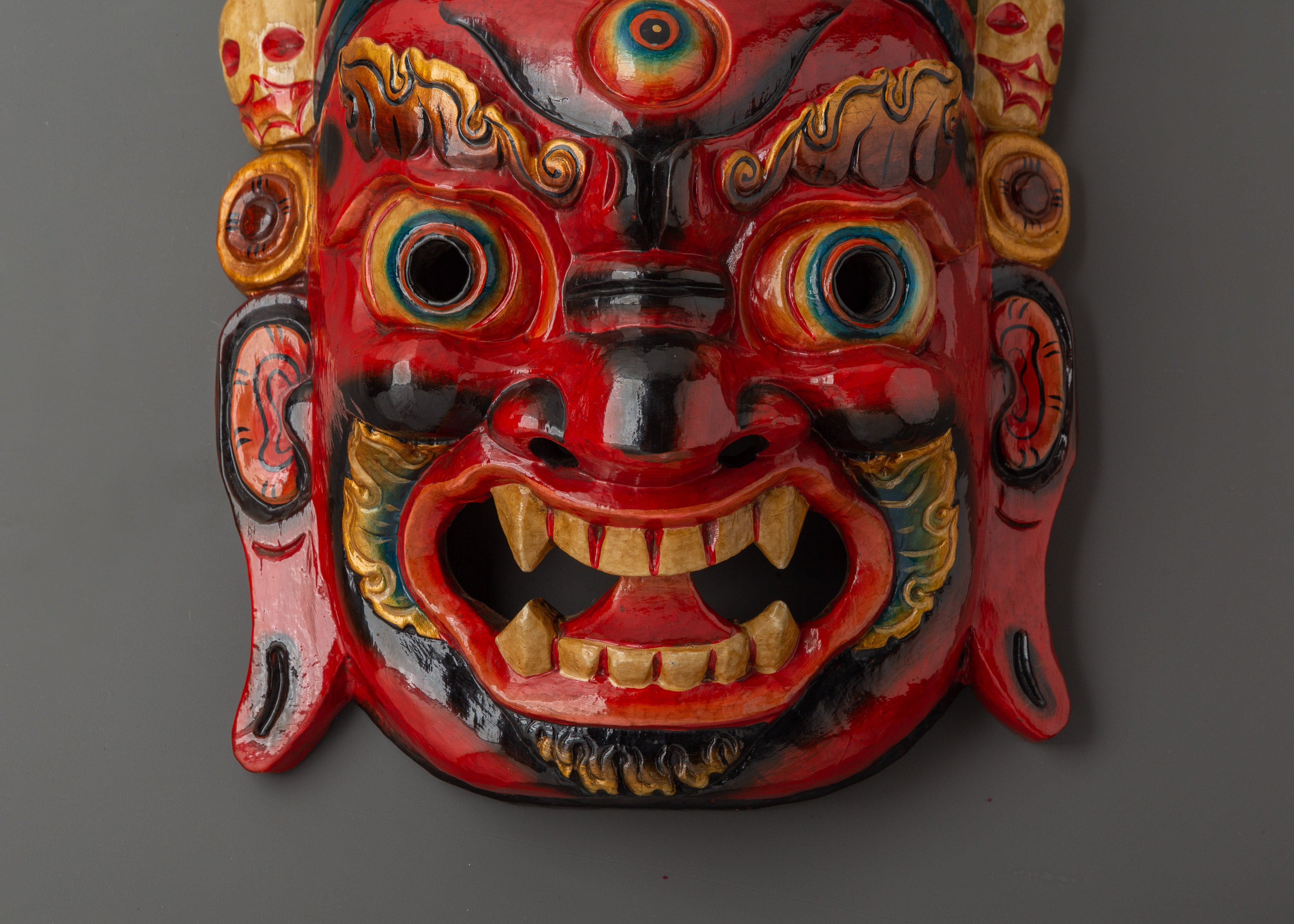 Fierce Mahakala Wall Mask in Bold Painted Wood | Tibetan Guardian Deity