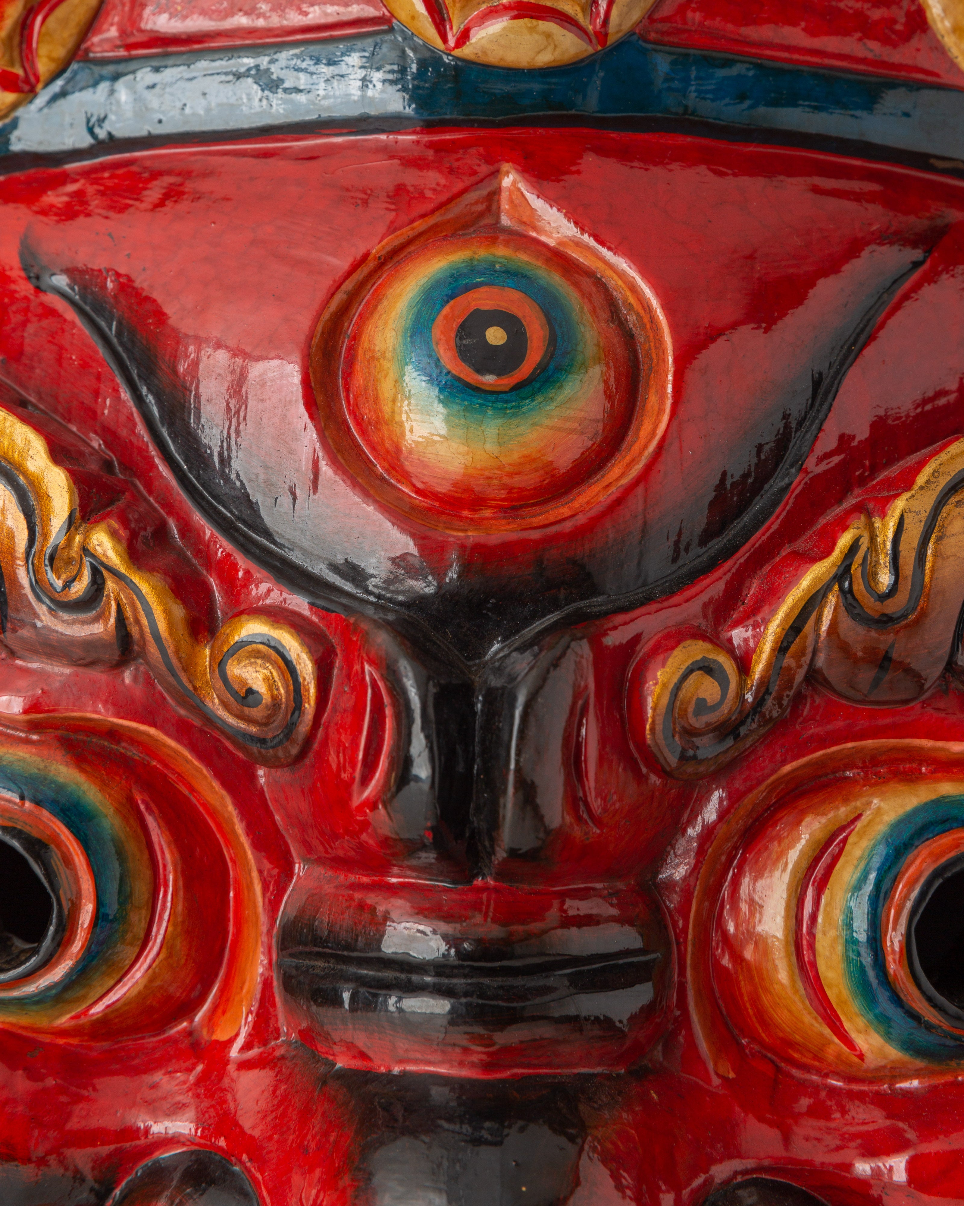 Fierce Mahakala Wall Mask in Bold Painted Wood | Tibetan Guardian Deity