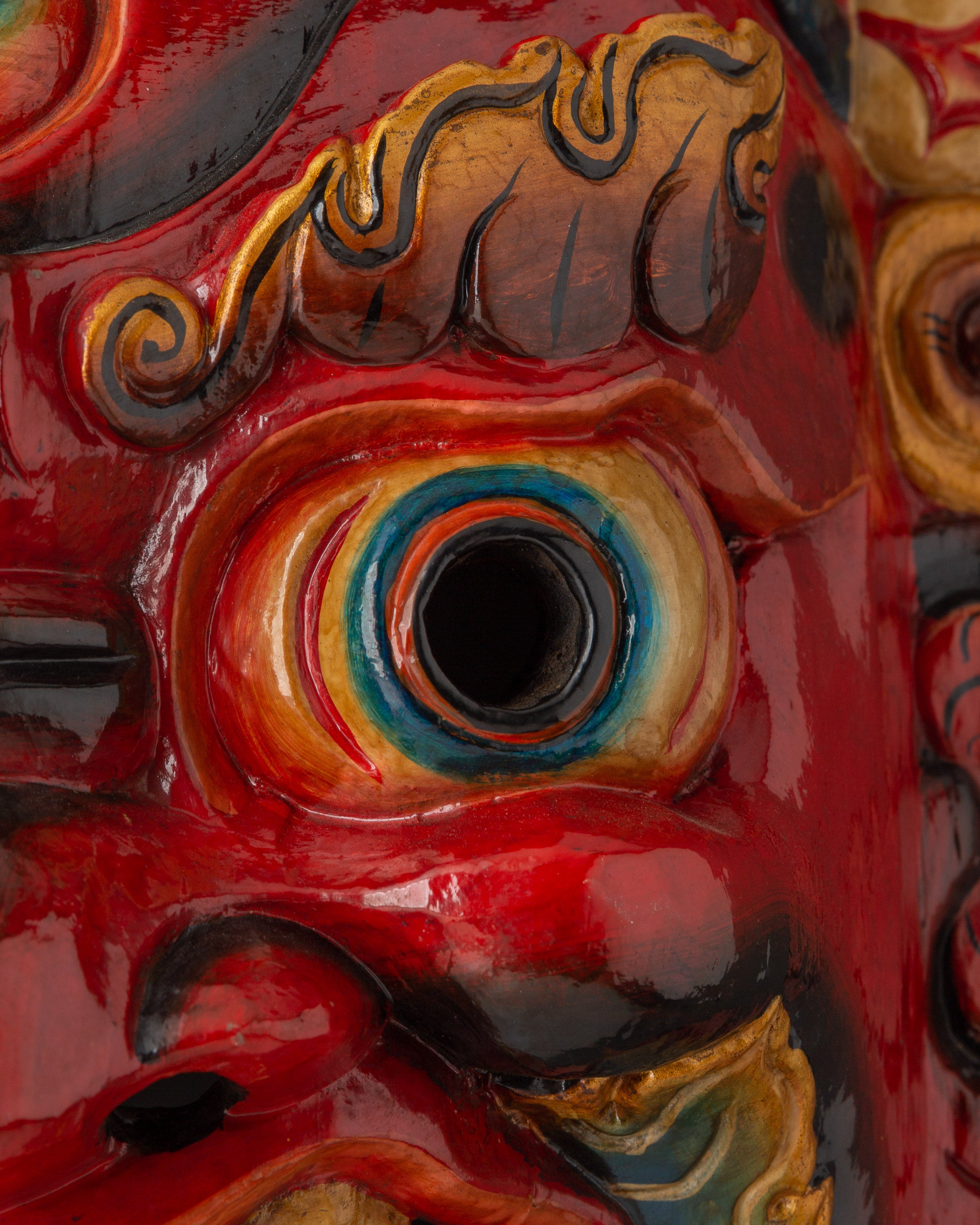 Fierce Mahakala Wall Mask in Bold Painted Wood | Tibetan Guardian Deity