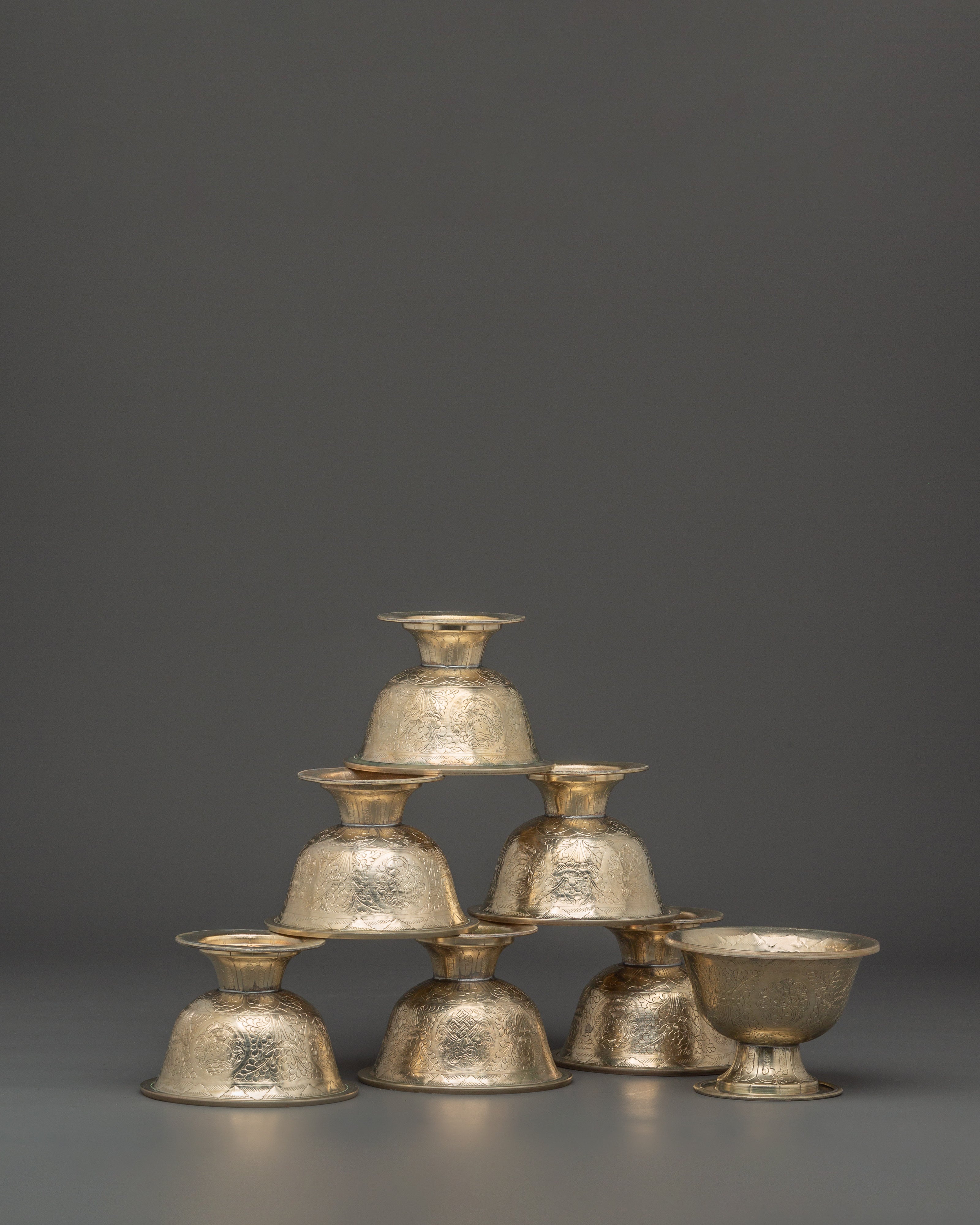 Buddhist Offering Altar Set | Handcrafted White Metal Ritual Bowls