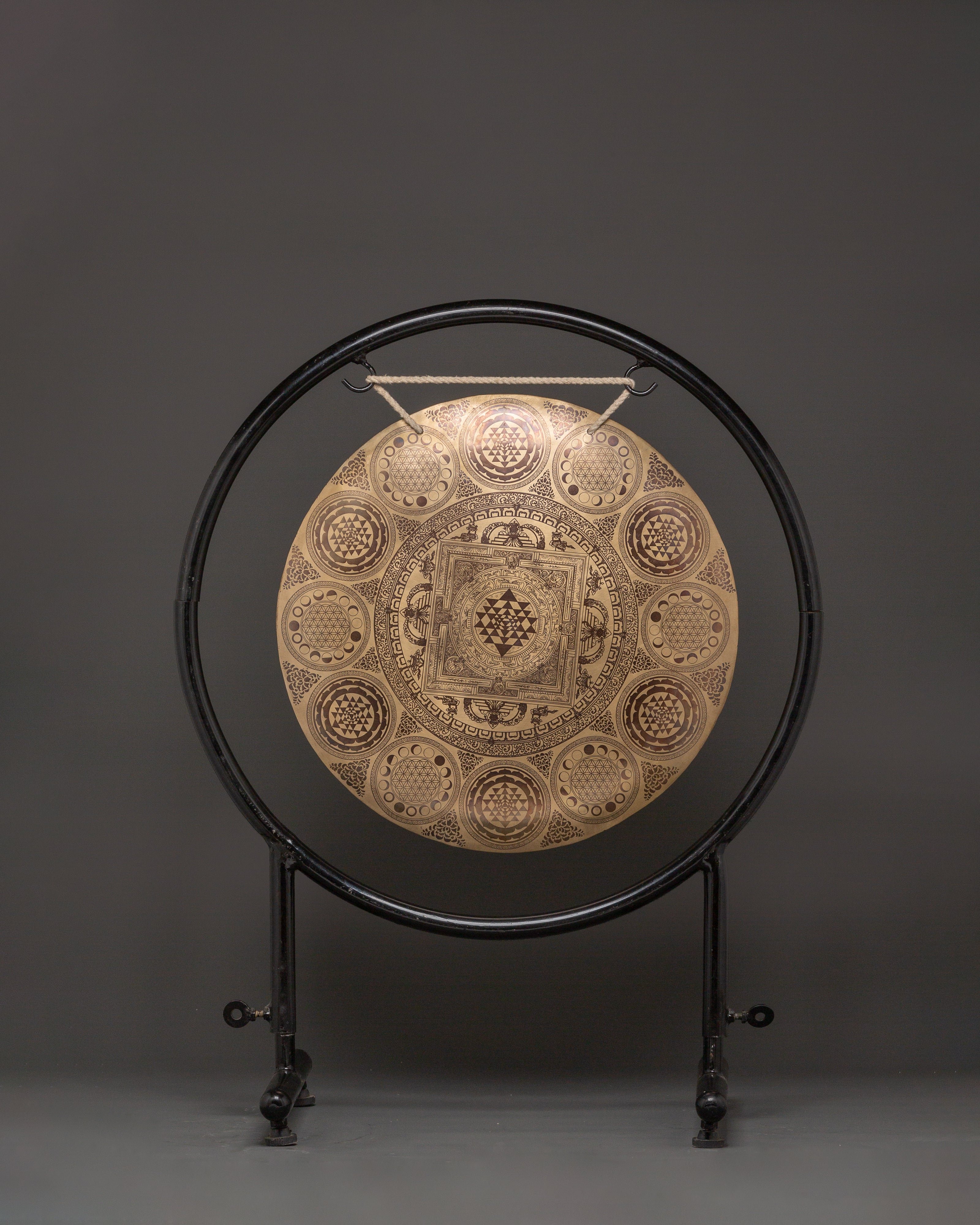 Healing Gong with Stand | Brass Sacred Geometry Gong with Sri Yantra