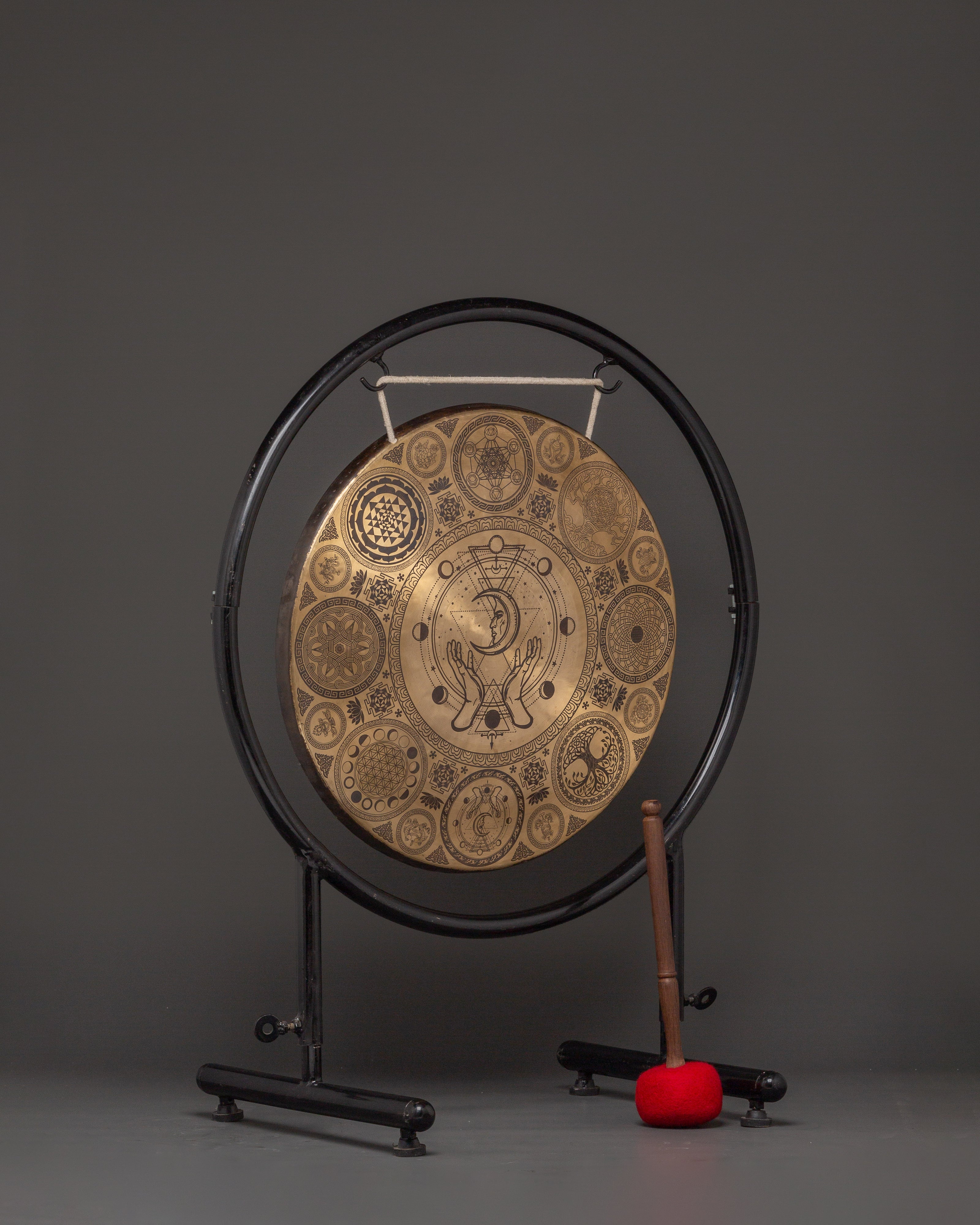 Healing Gong with Stand | Brass Sacred Geometry Gong with Sri Yantra