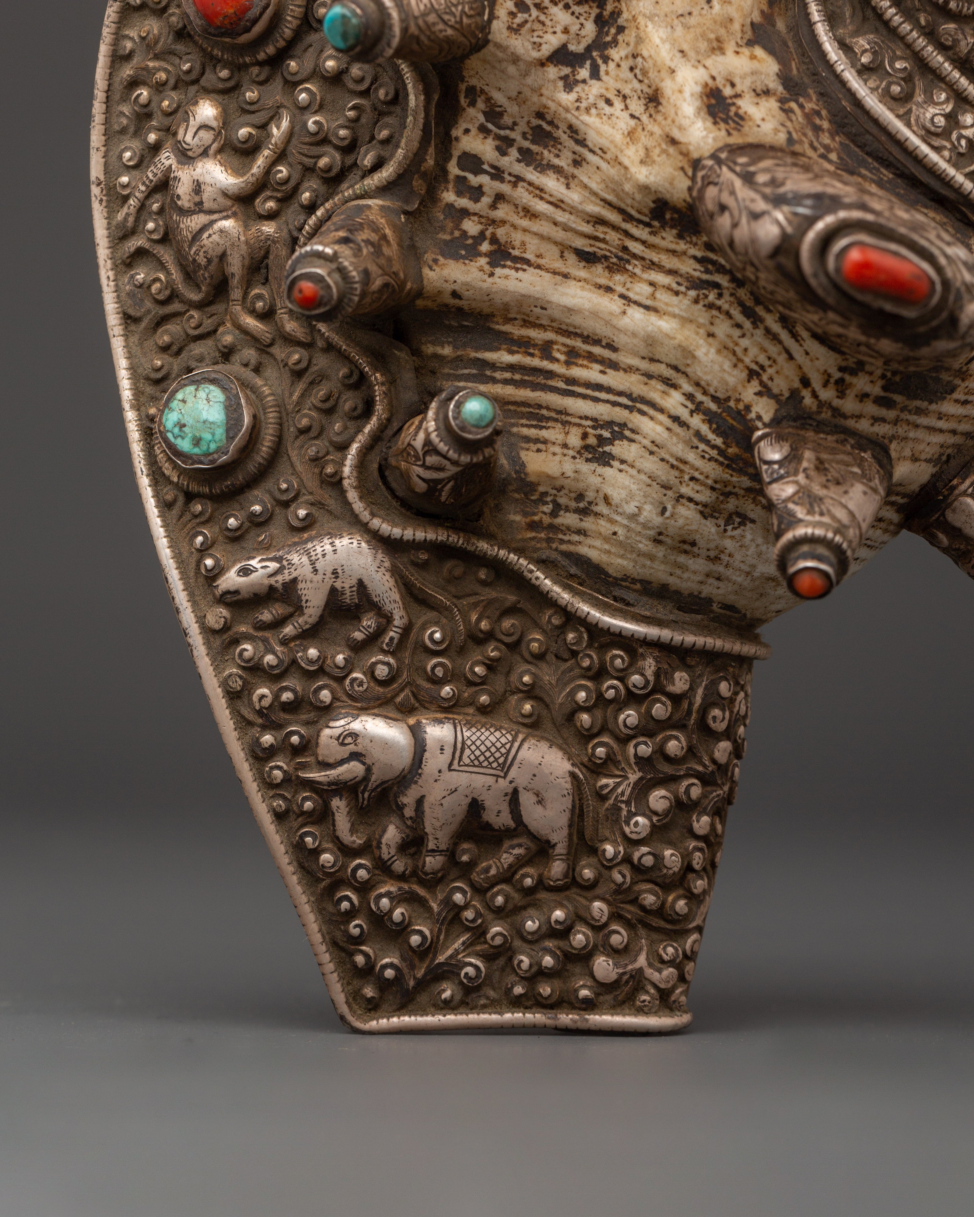 Ritual Conch Shell with Silver Inlay & Turquoise Stones | Tibetan Buddhist Shankha
