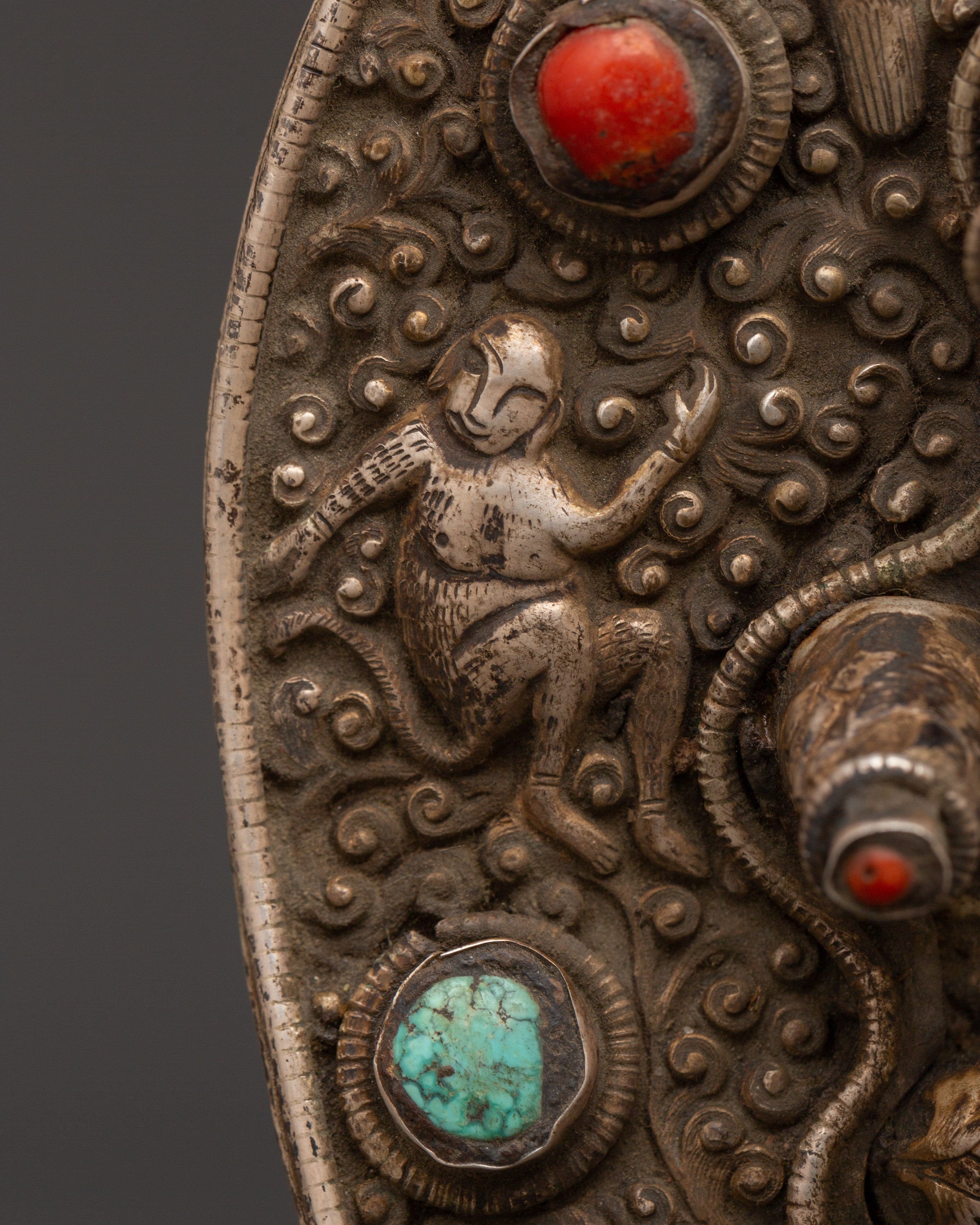 Ritual Conch Shell with Silver Inlay & Turquoise Stones | Tibetan Buddhist Shankha
