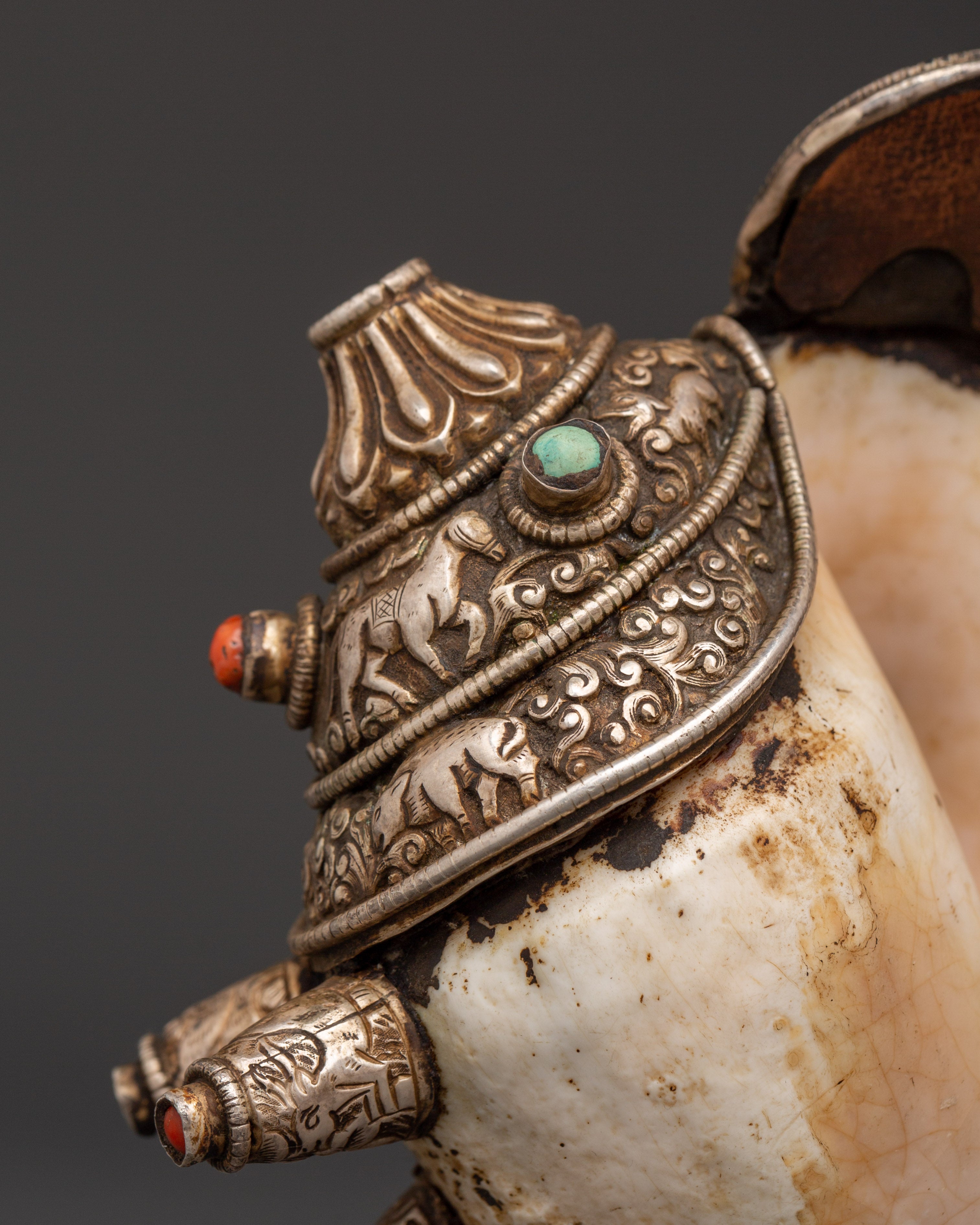 Ritual Conch Shell with Silver Inlay & Turquoise Stones | Tibetan Buddhist Shankha