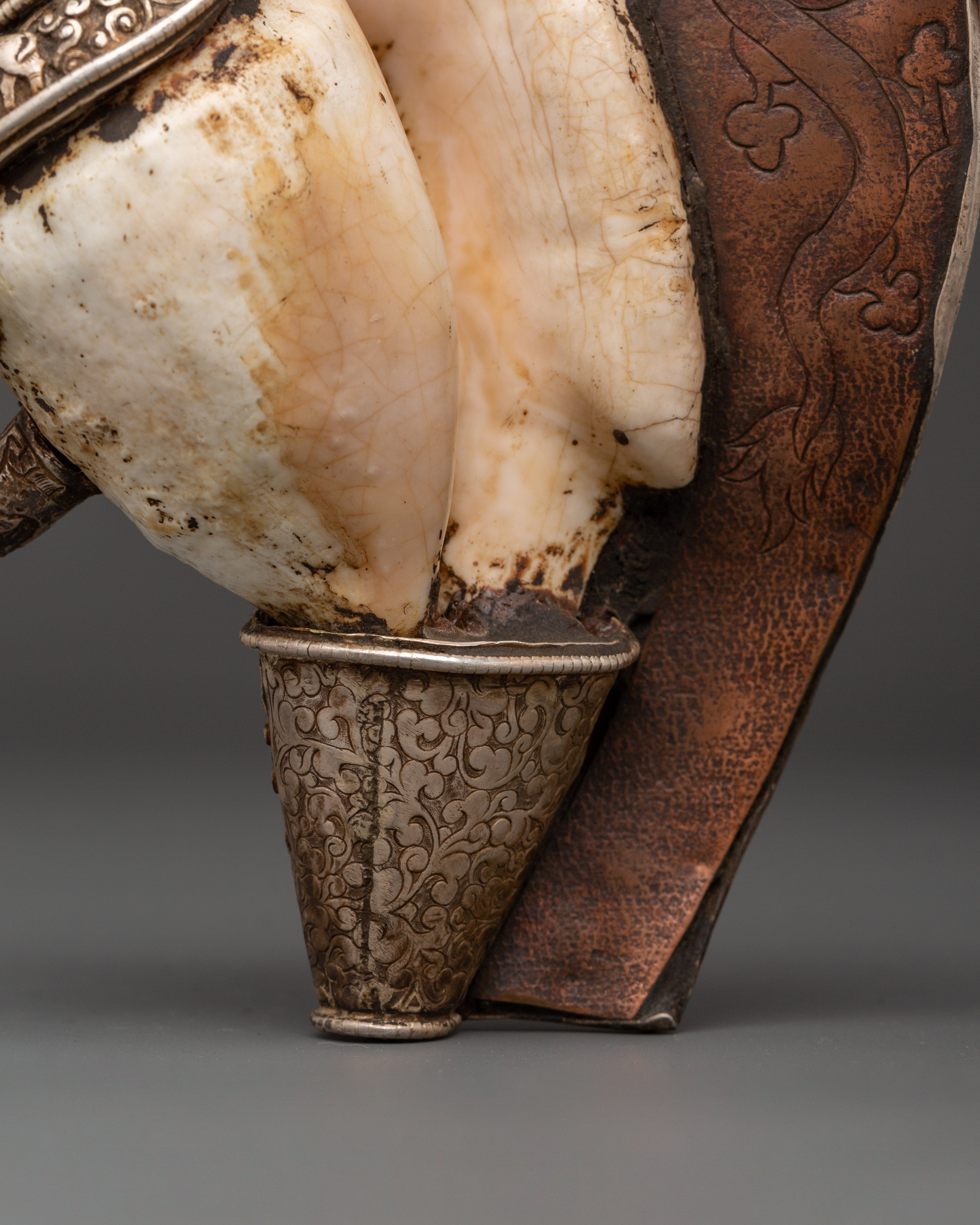 Ritual Conch Shell with Silver Inlay & Turquoise Stones | Tibetan Buddhist Shankha