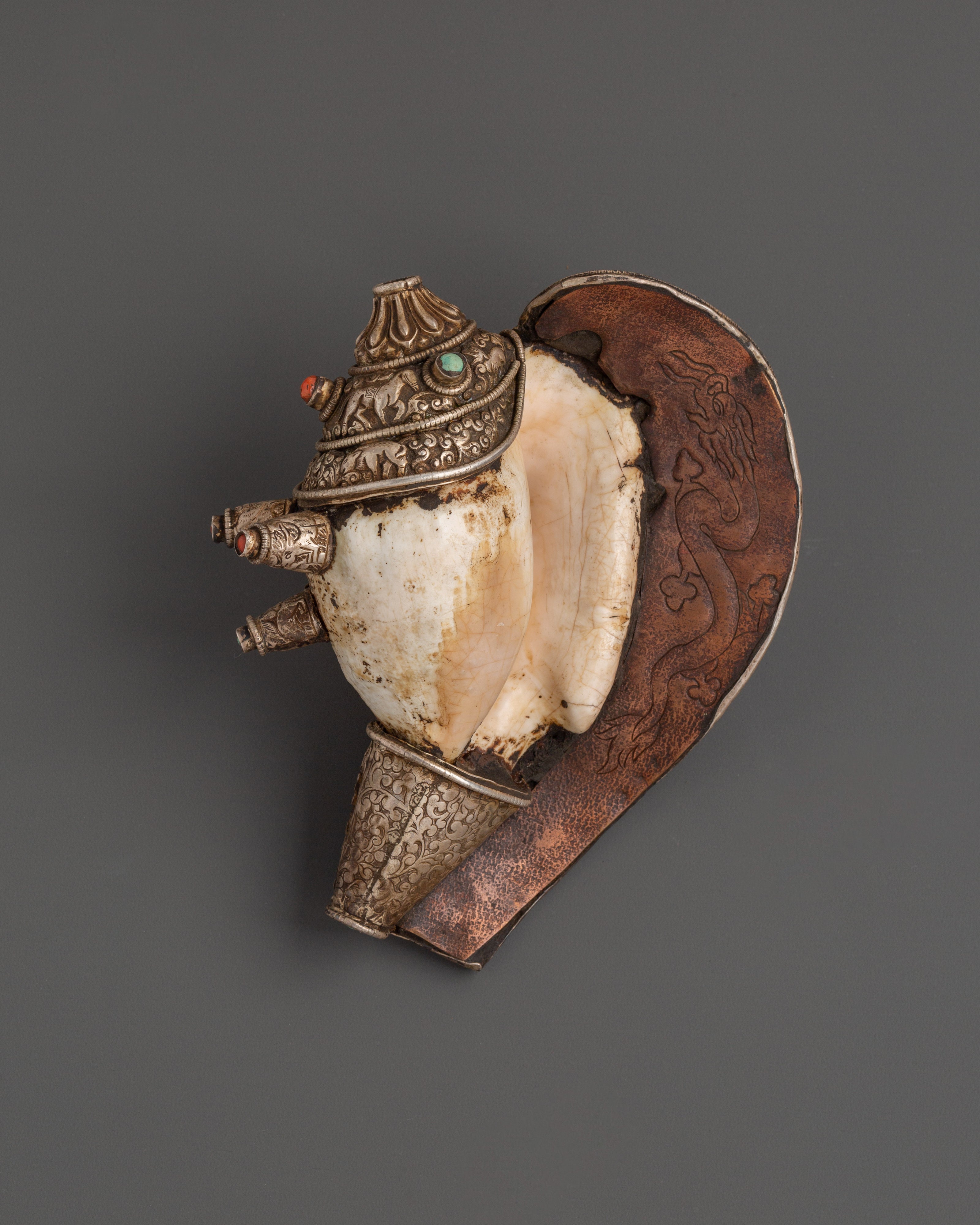 Ritual Conch Shell with Silver Inlay & Turquoise Stones | Tibetan Buddhist Shankha