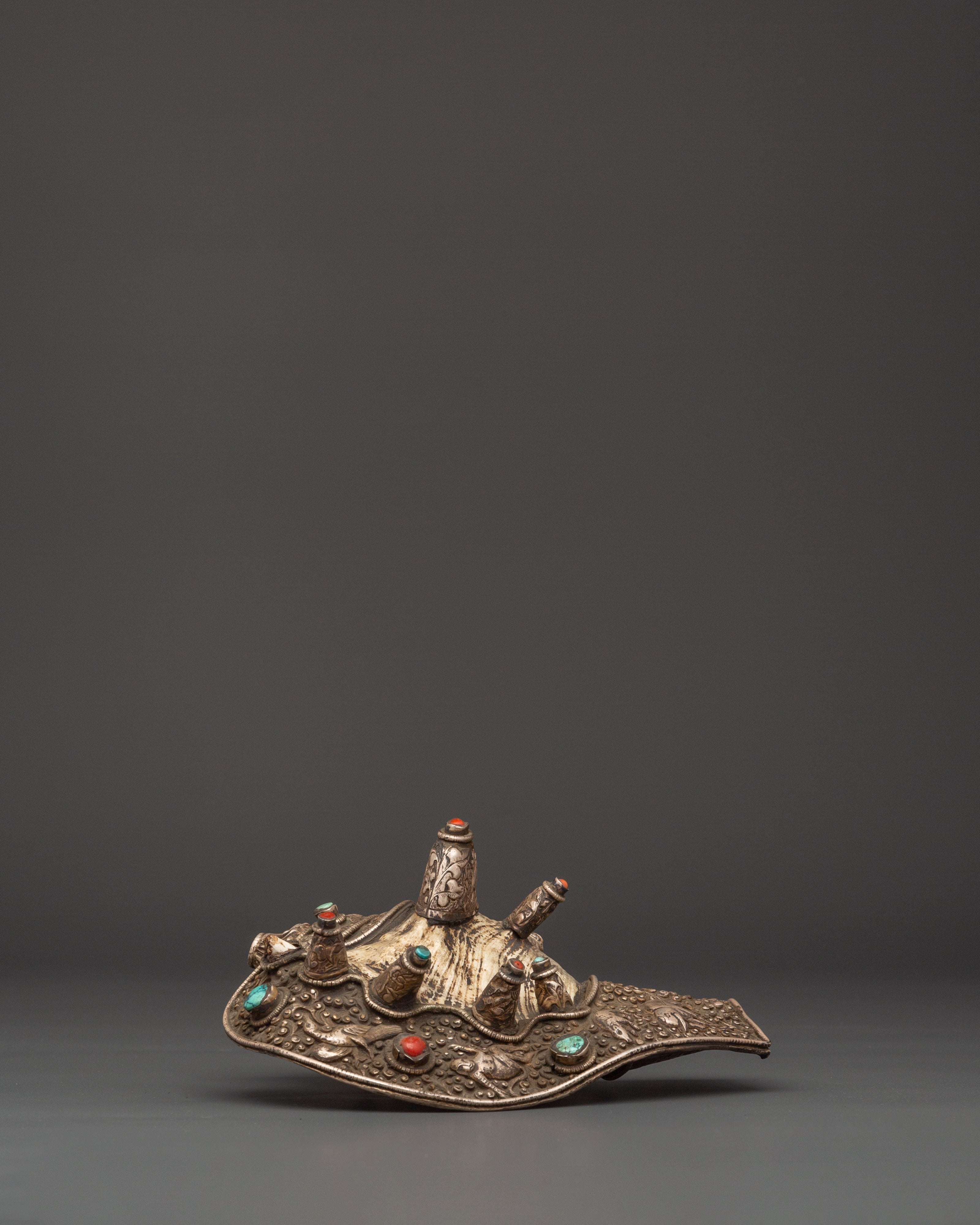 Ritual Conch Shell with Silver Inlay & Turquoise Stones | Tibetan Buddhist Shankha