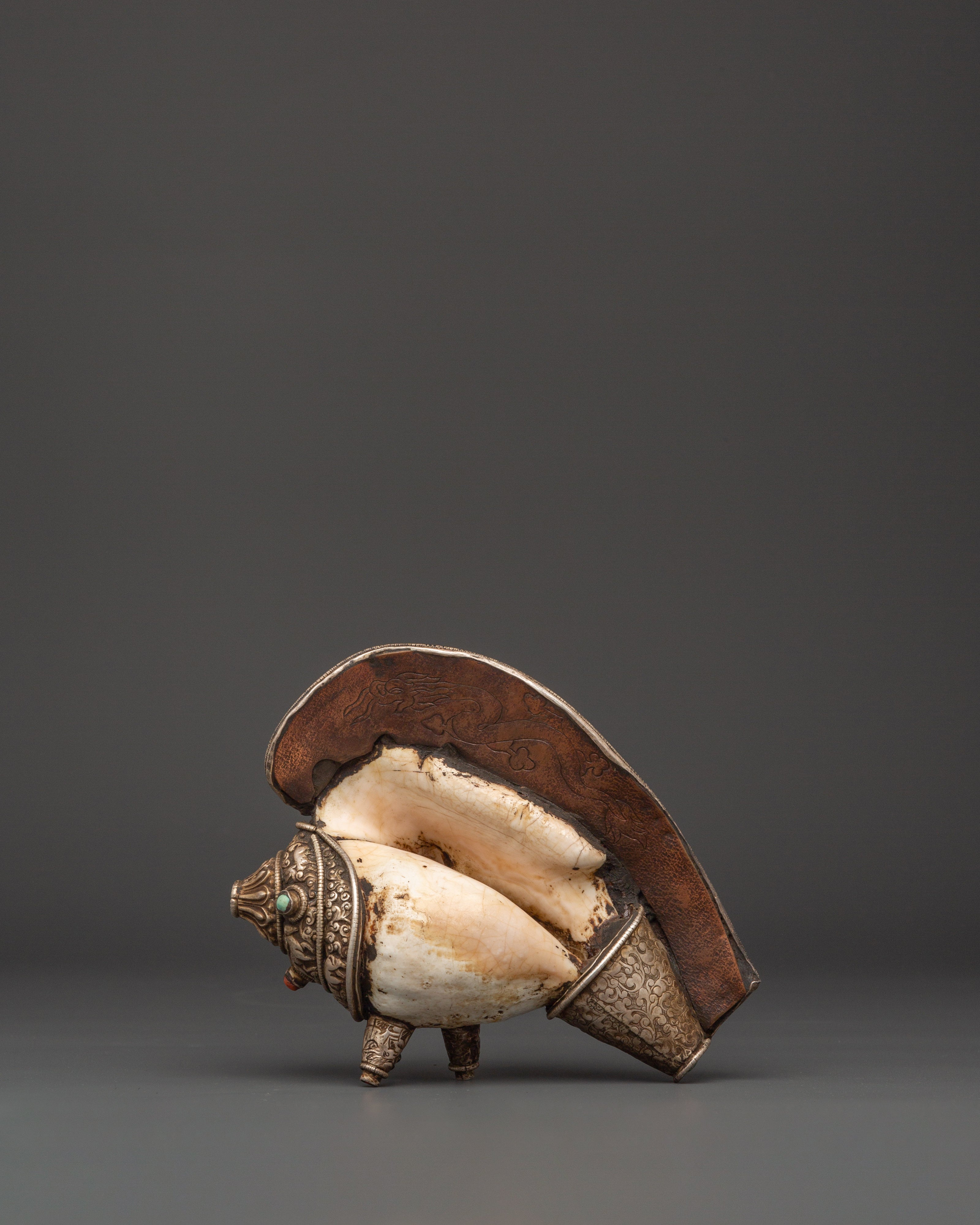 Ritual Conch Shell with Silver Inlay & Turquoise Stones | Tibetan Buddhist Shankha