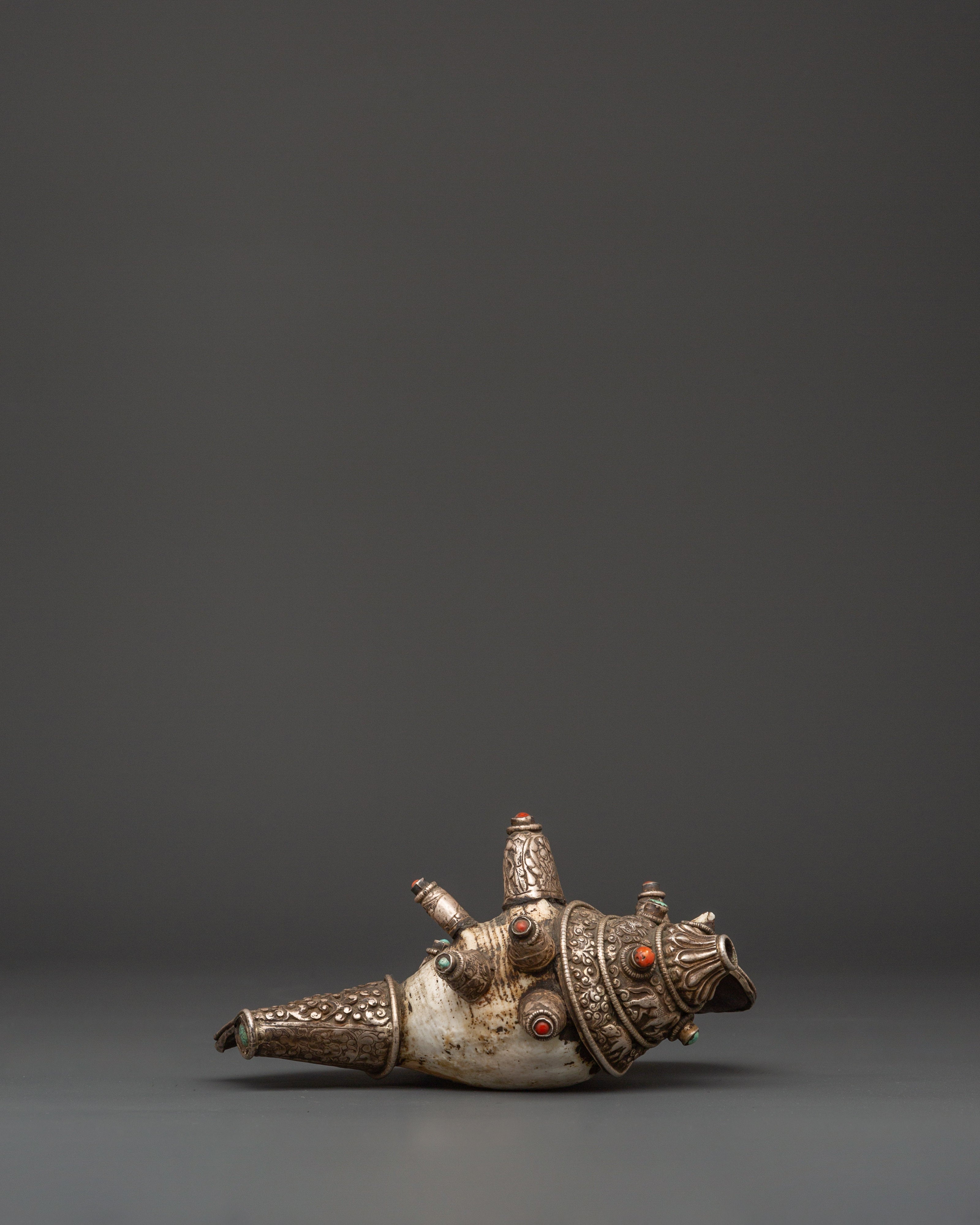 Ritual Conch Shell with Silver Inlay & Turquoise Stones | Tibetan Buddhist Shankha
