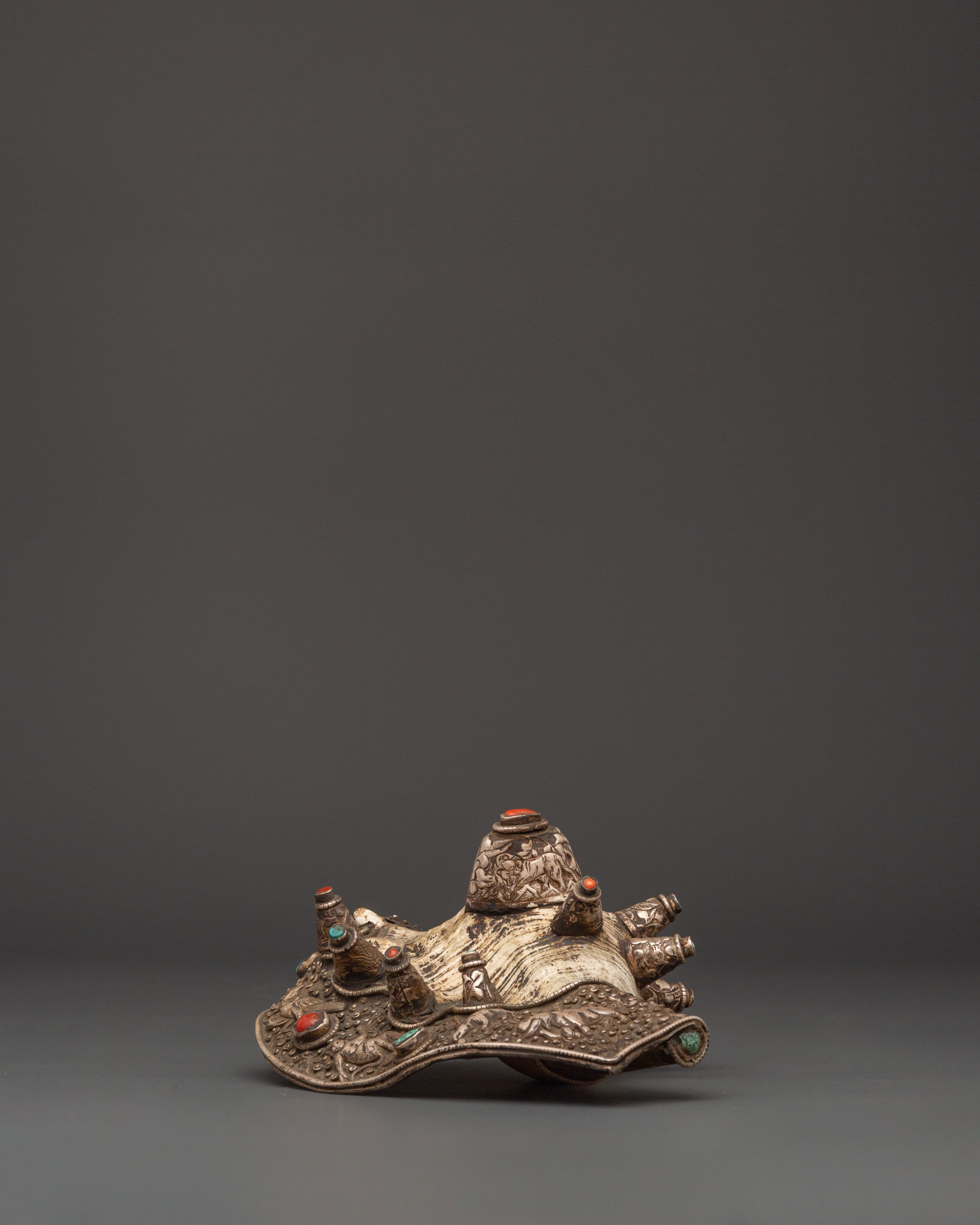 Ritual Conch Shell with Silver Inlay & Turquoise Stones | Tibetan Buddhist Shankha