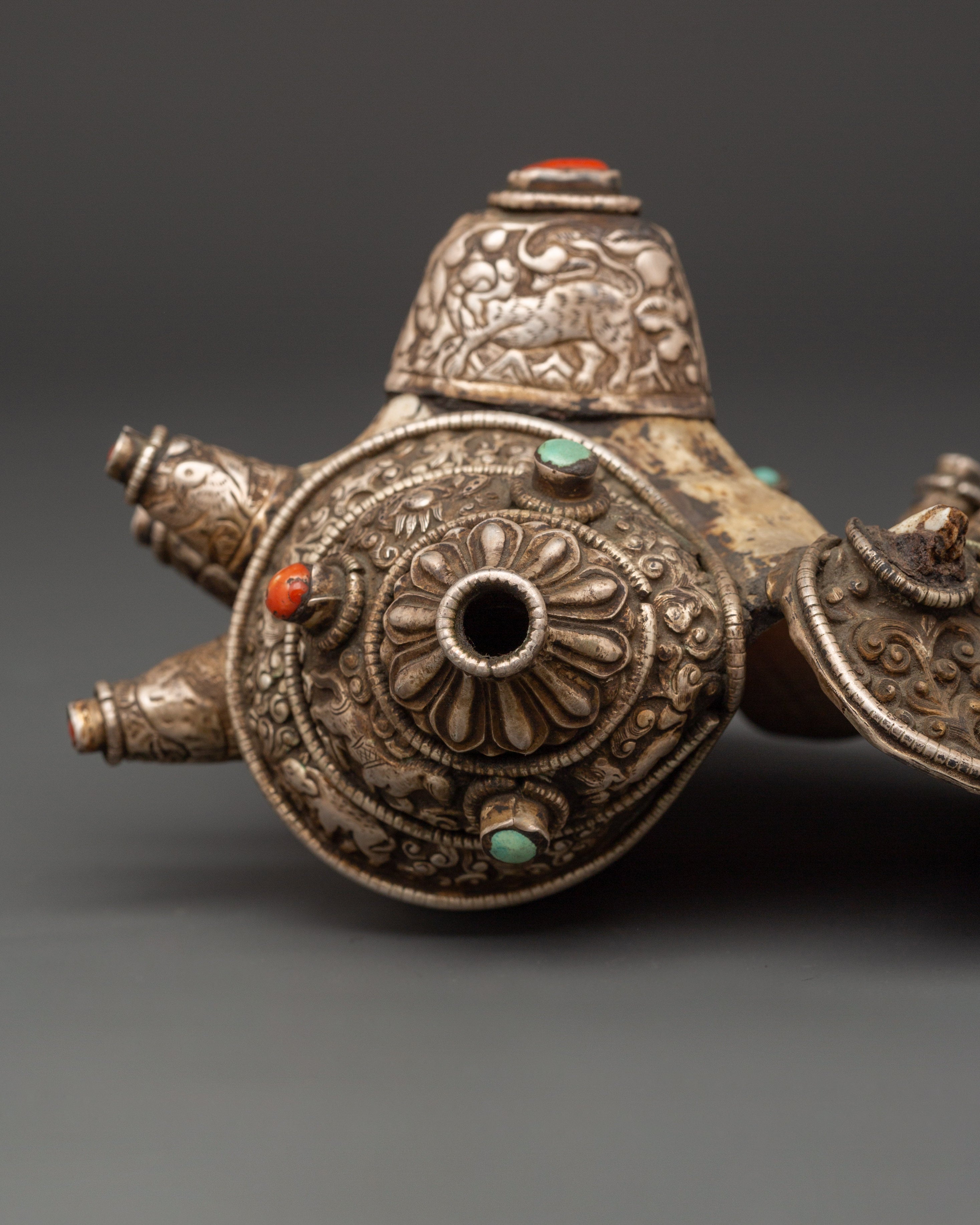 Ritual Conch Shell with Silver Inlay & Turquoise Stones | Tibetan Buddhist Shankha