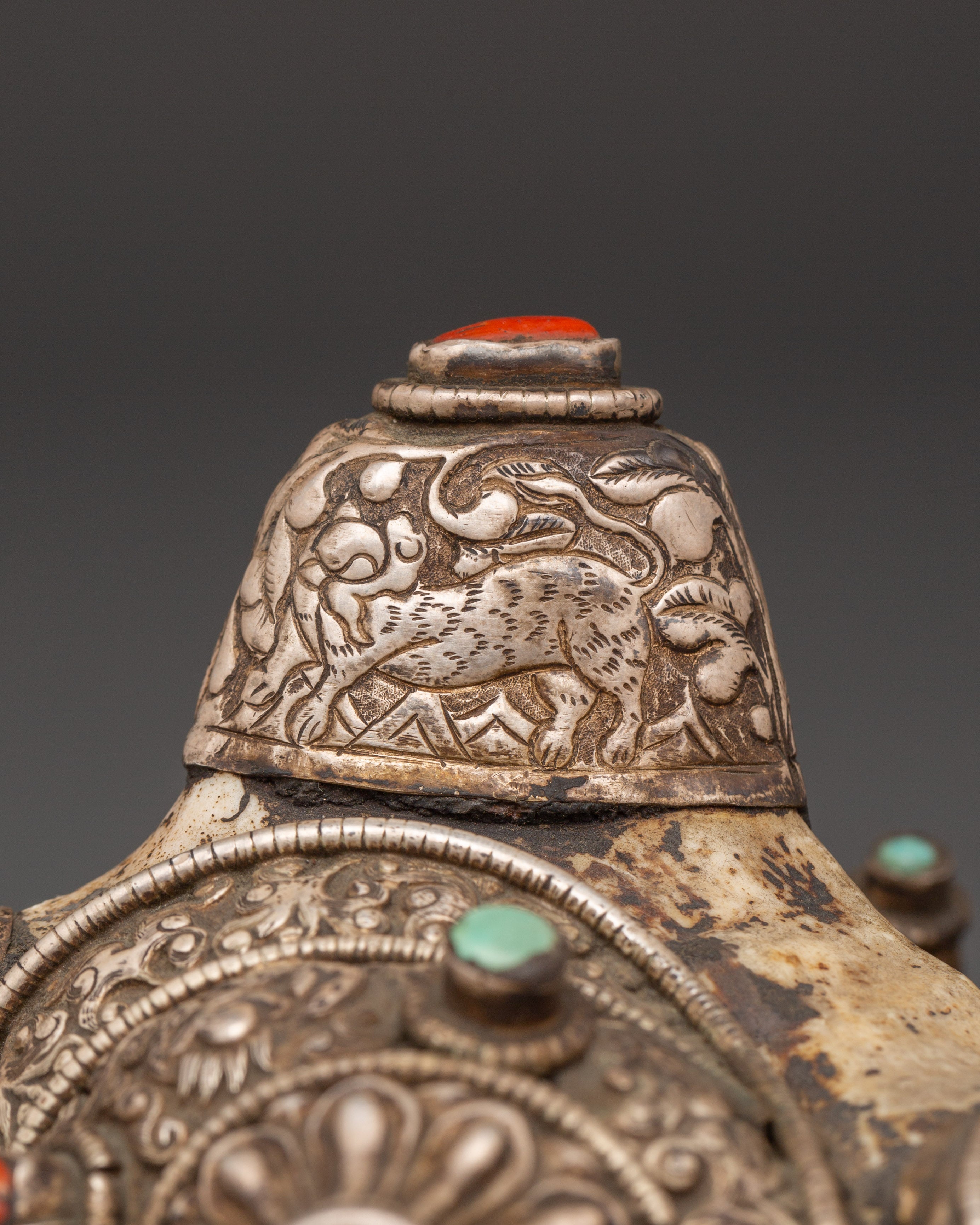 Ritual Conch Shell with Silver Inlay & Turquoise Stones | Tibetan Buddhist Shankha