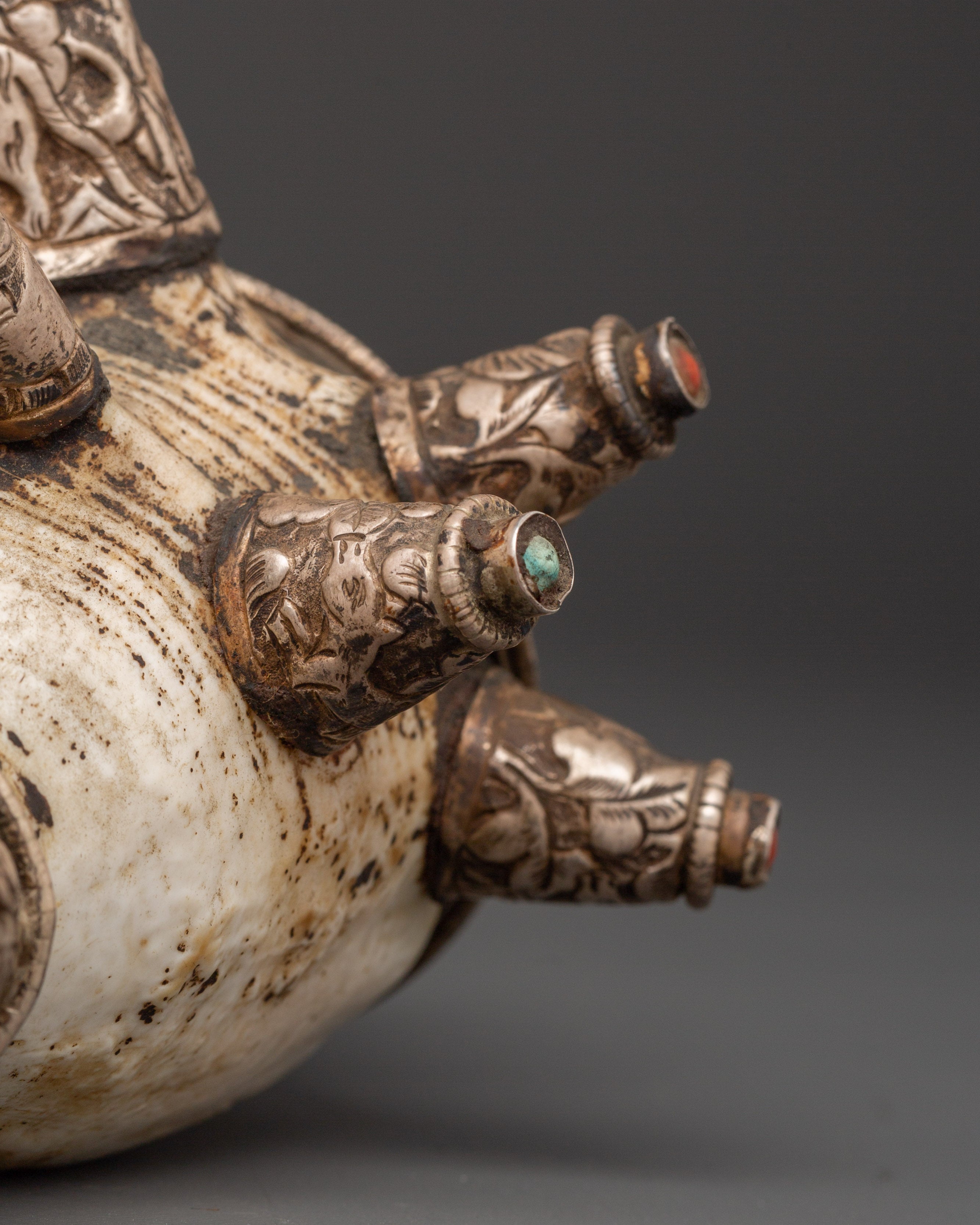 Ritual Conch Shell with Silver Inlay & Turquoise Stones | Tibetan Buddhist Shankha