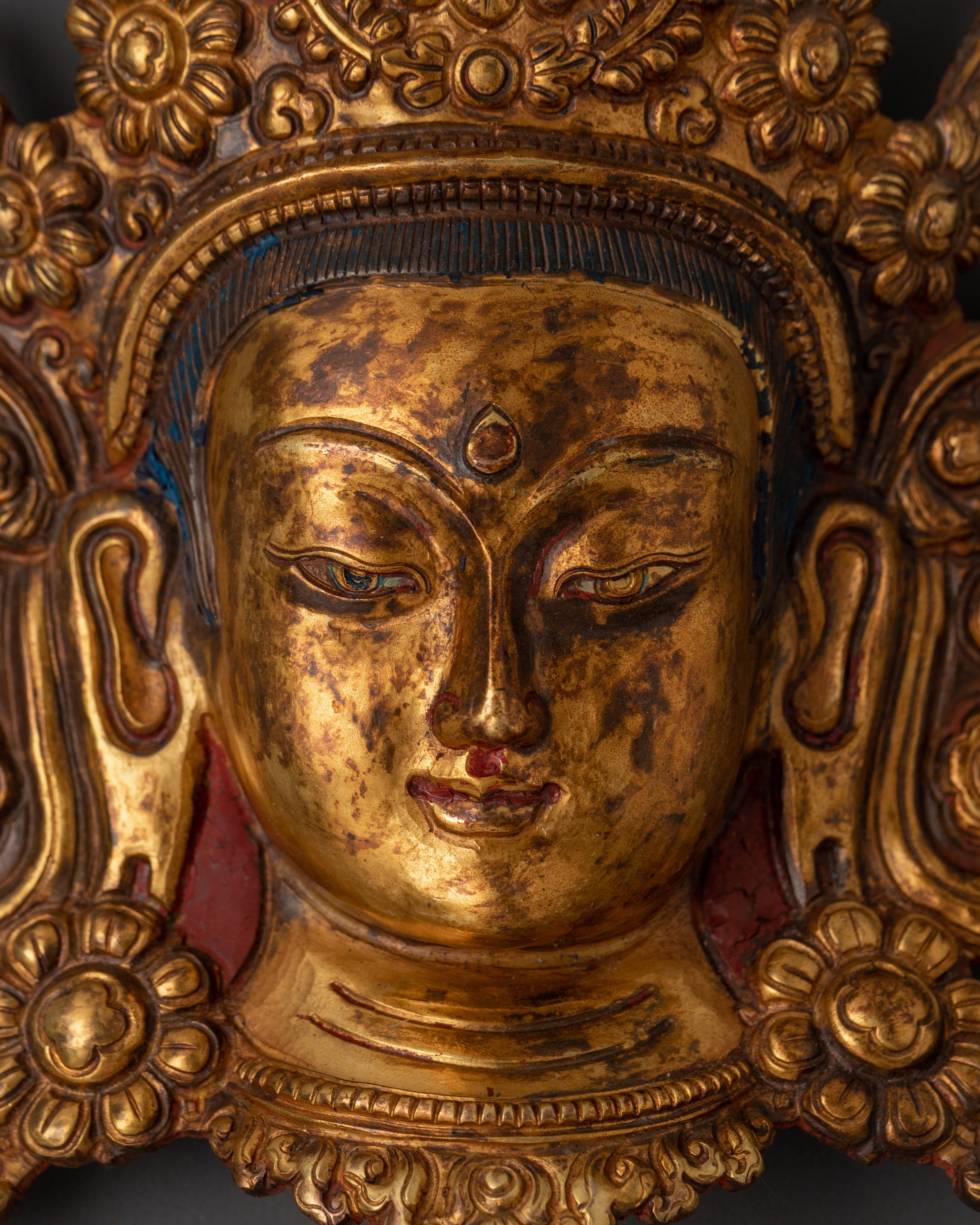 Tibetan Golden Tara Mask | Copper Gold Plated Buddhist Decor