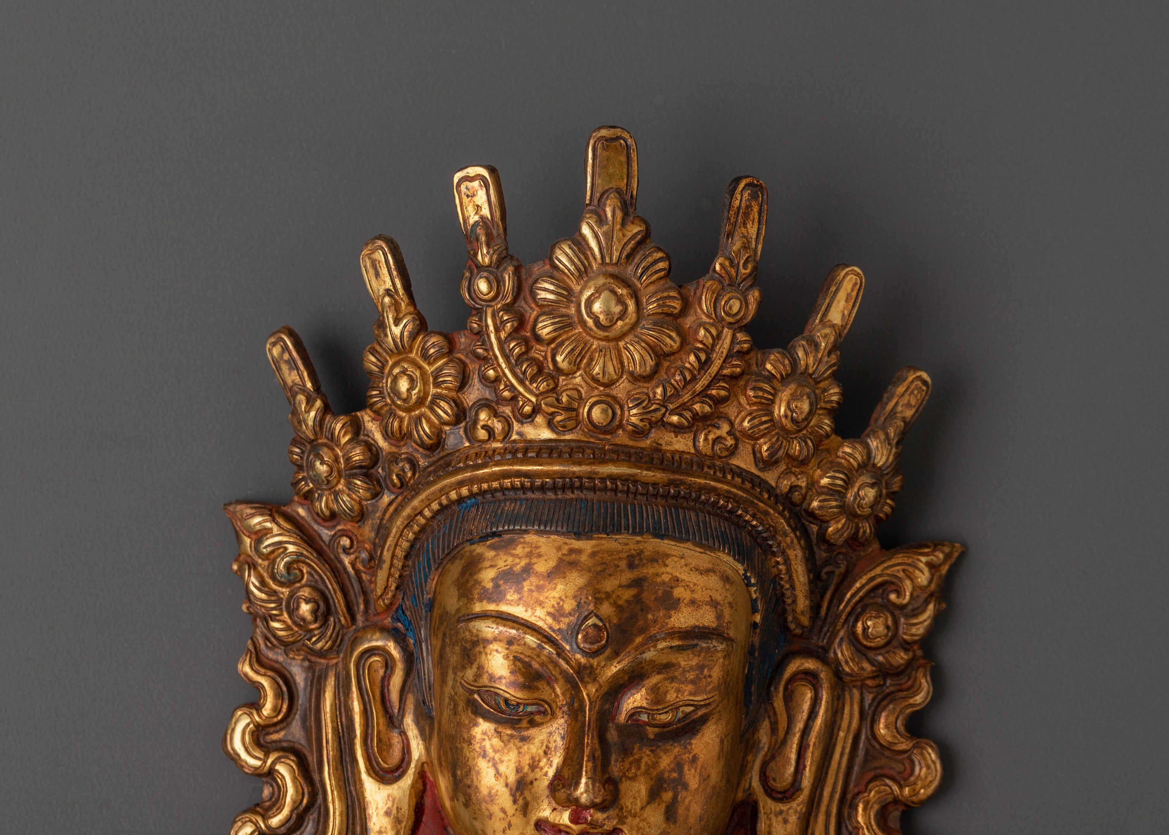 Tibetan Golden Tara Mask | Copper Gold Plated Buddhist Decor