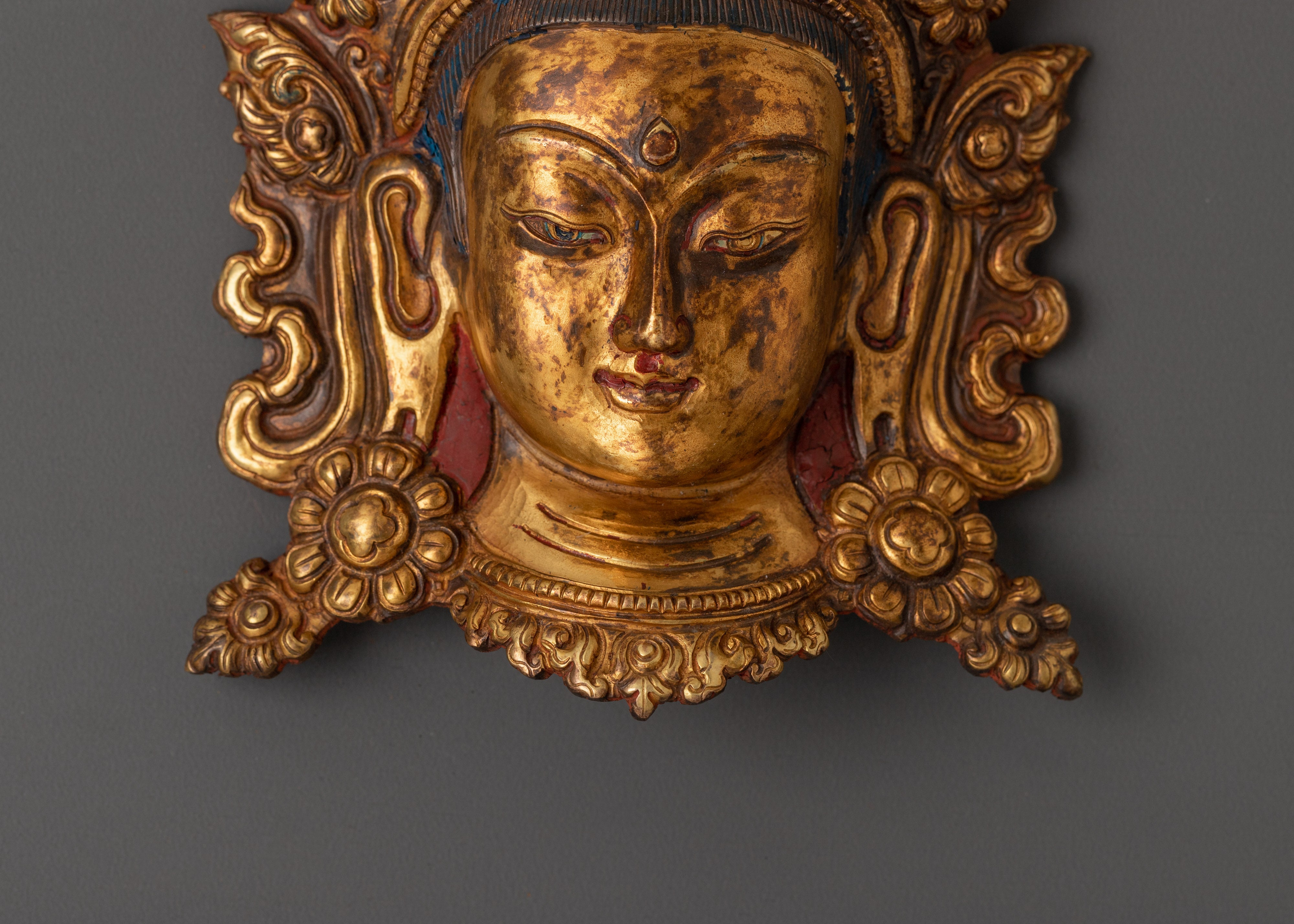 Tibetan Golden Tara Mask | Copper Gold Plated Buddhist Decor