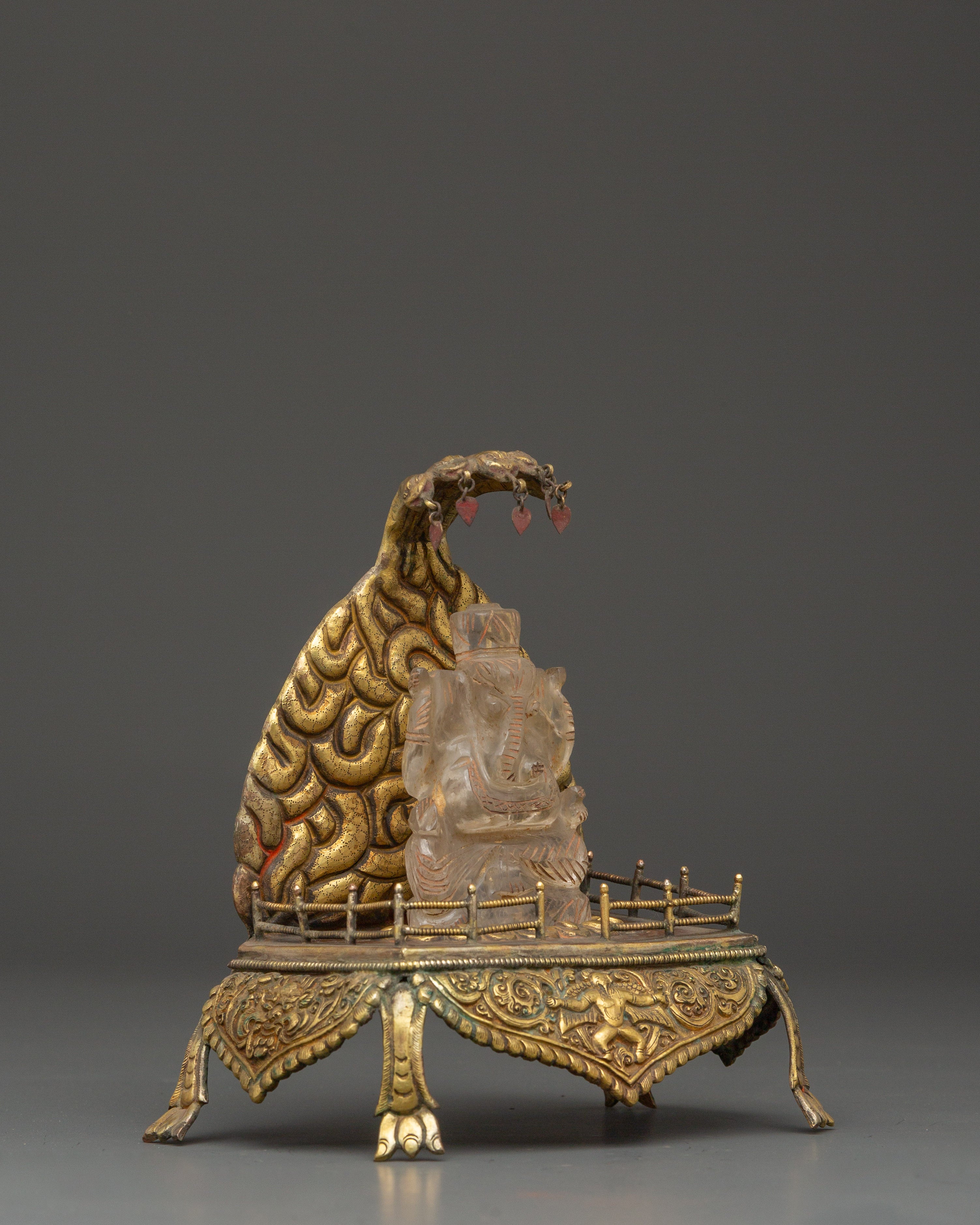 Handcrafted Crystal Ganesh Statue with Throne | Gold Plated Copper Base