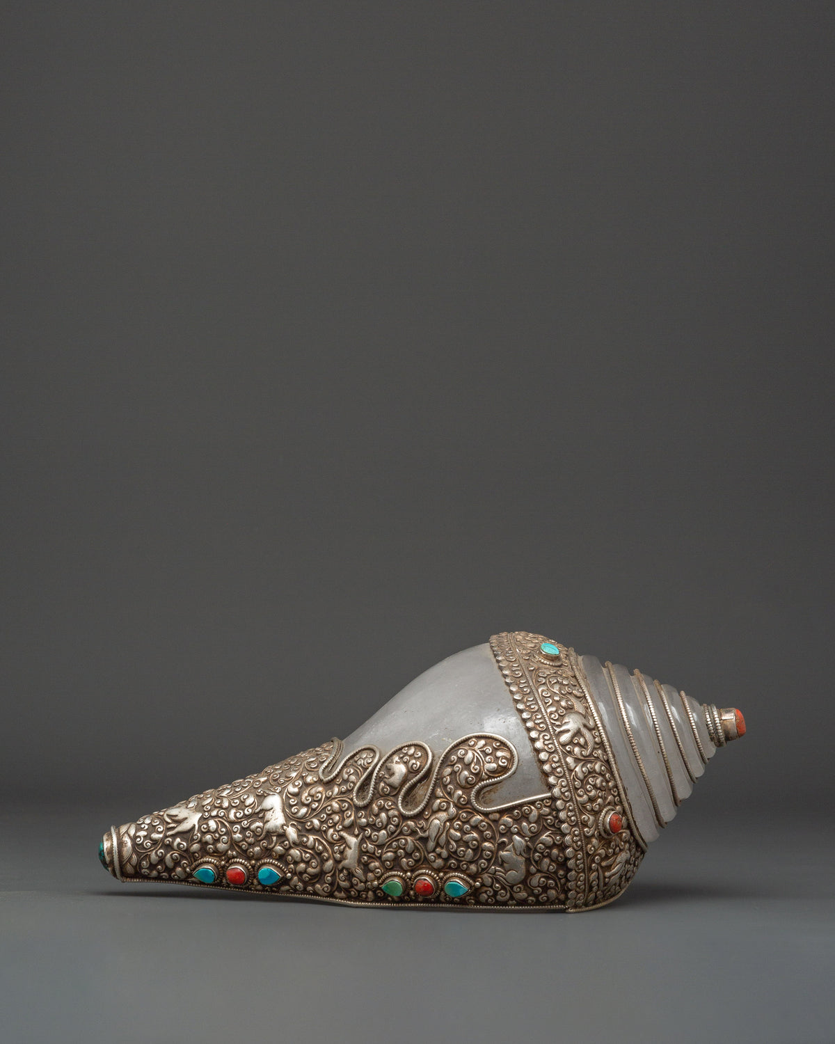 Tibetan Ritual Conch Shell with Silver Inlay | Crystal Shankha with Coral