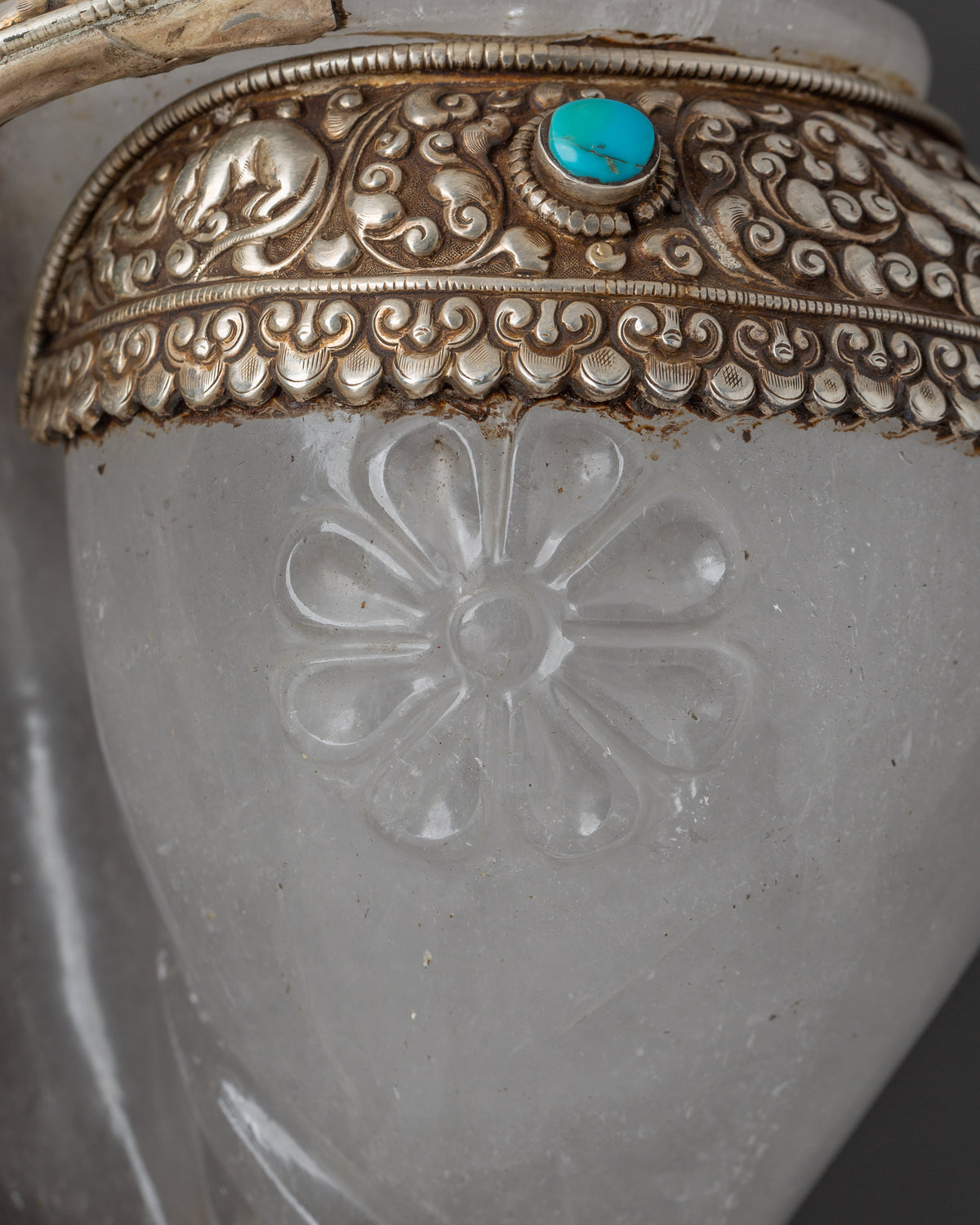 Tibetan Ritual Conch Shell with Silver Inlay | Crystal Shankha with Coral