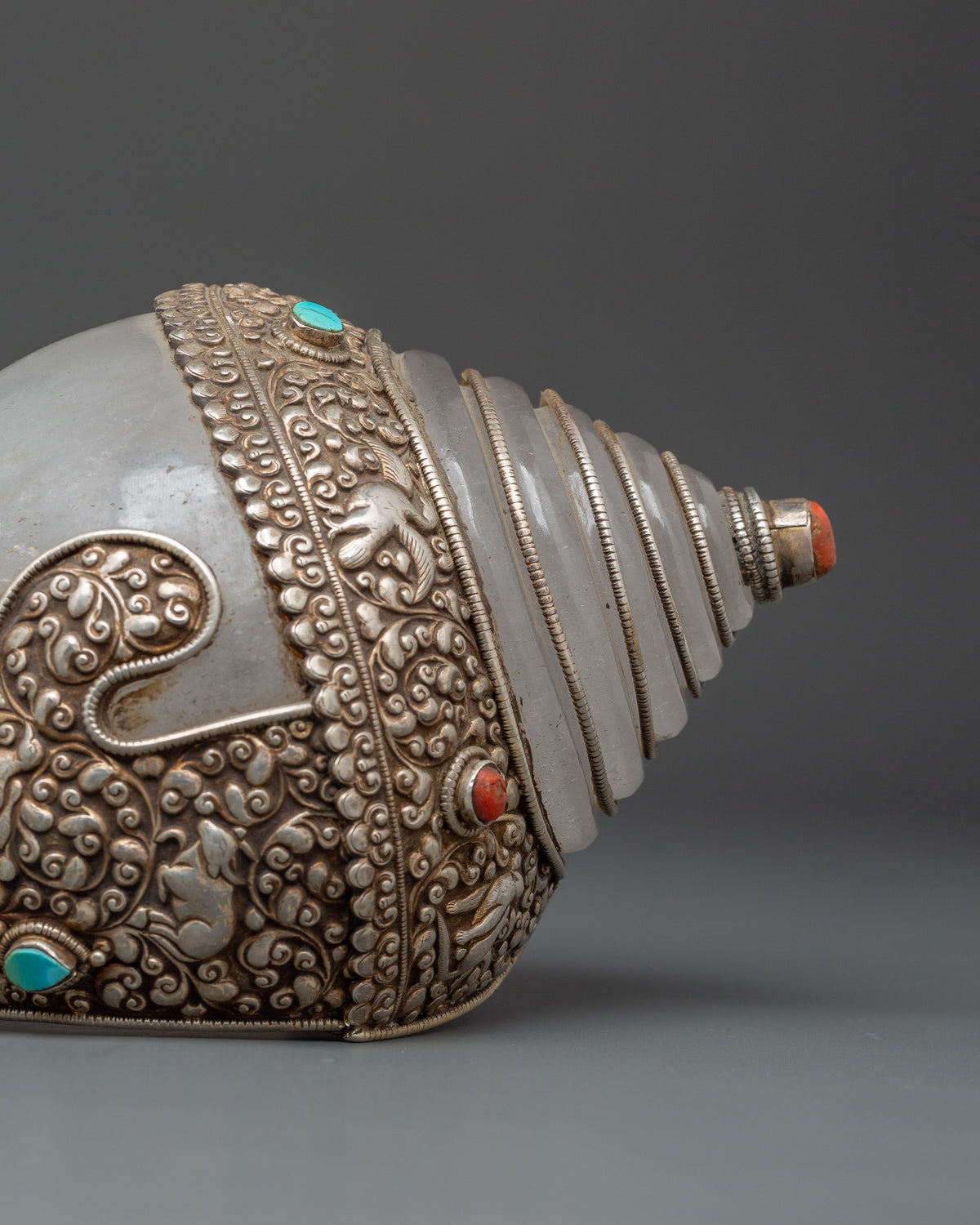 Tibetan Ritual Conch Shell with Silver Inlay | Crystal Shankha with Coral