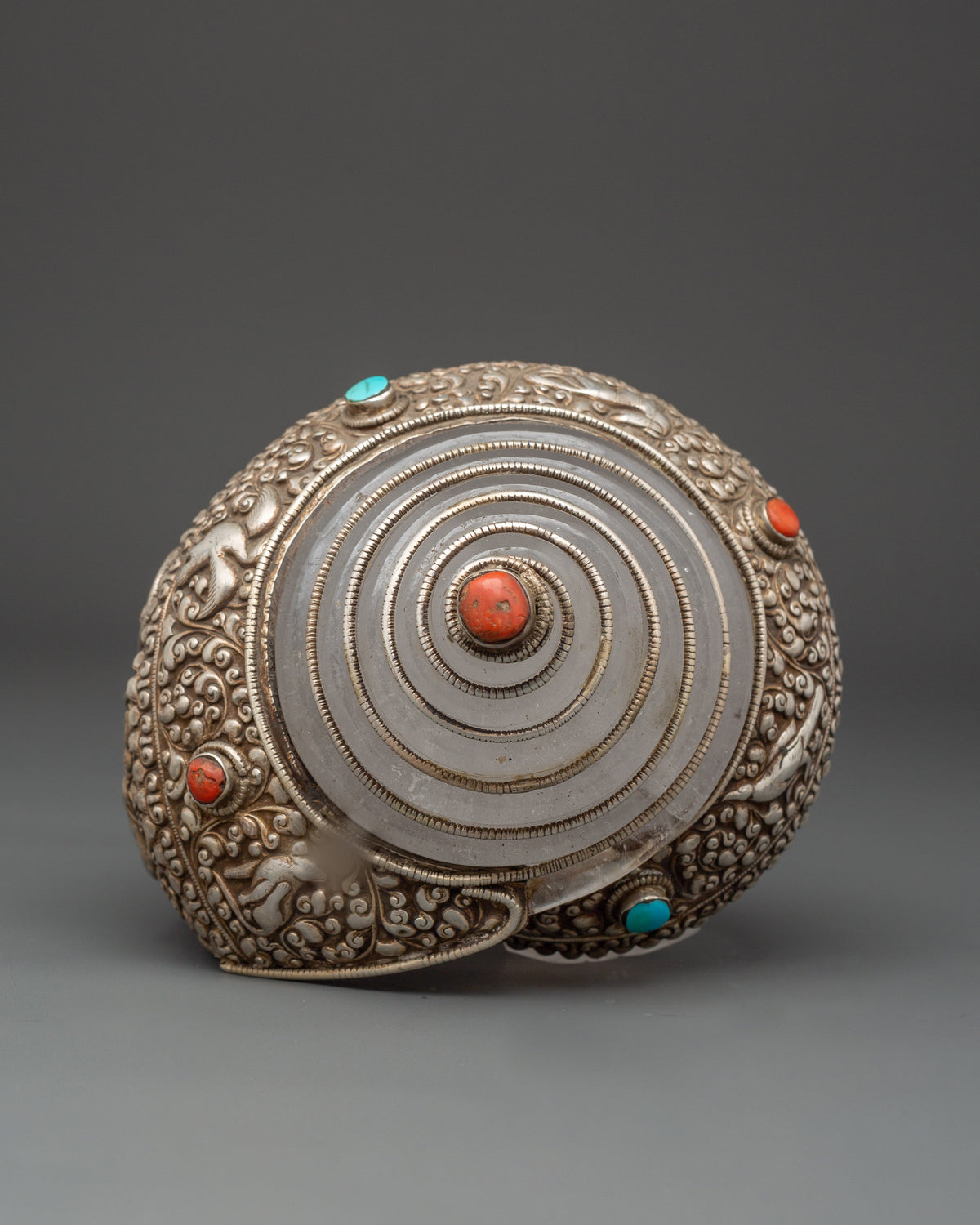 Tibetan Ritual Conch Shell with Silver Inlay | Crystal Shankha with Coral