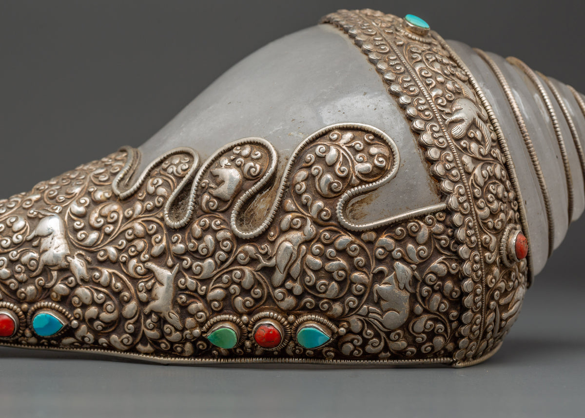 Tibetan Ritual Conch Shell with Silver Inlay | Crystal Shankha with Coral