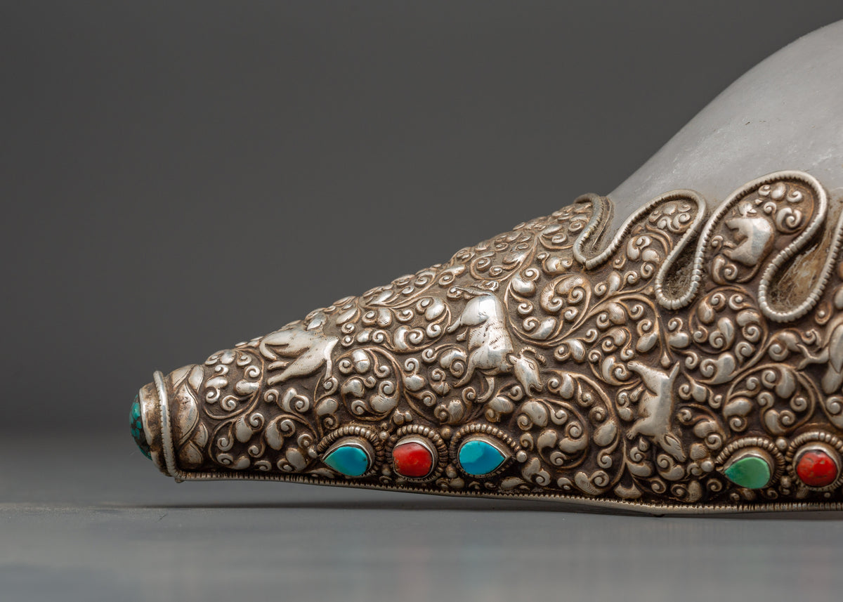 Tibetan Ritual Conch Shell with Silver Inlay | Crystal Shankha with Coral