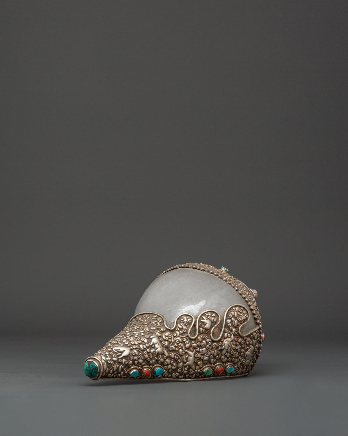 Tibetan Ritual Conch Shell with Silver Inlay | Crystal Shankha with Coral