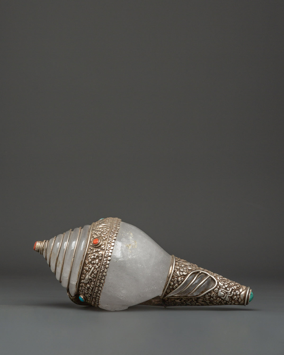 Tibetan Ritual Conch Shell with Silver Inlay | Crystal Shankha with Coral