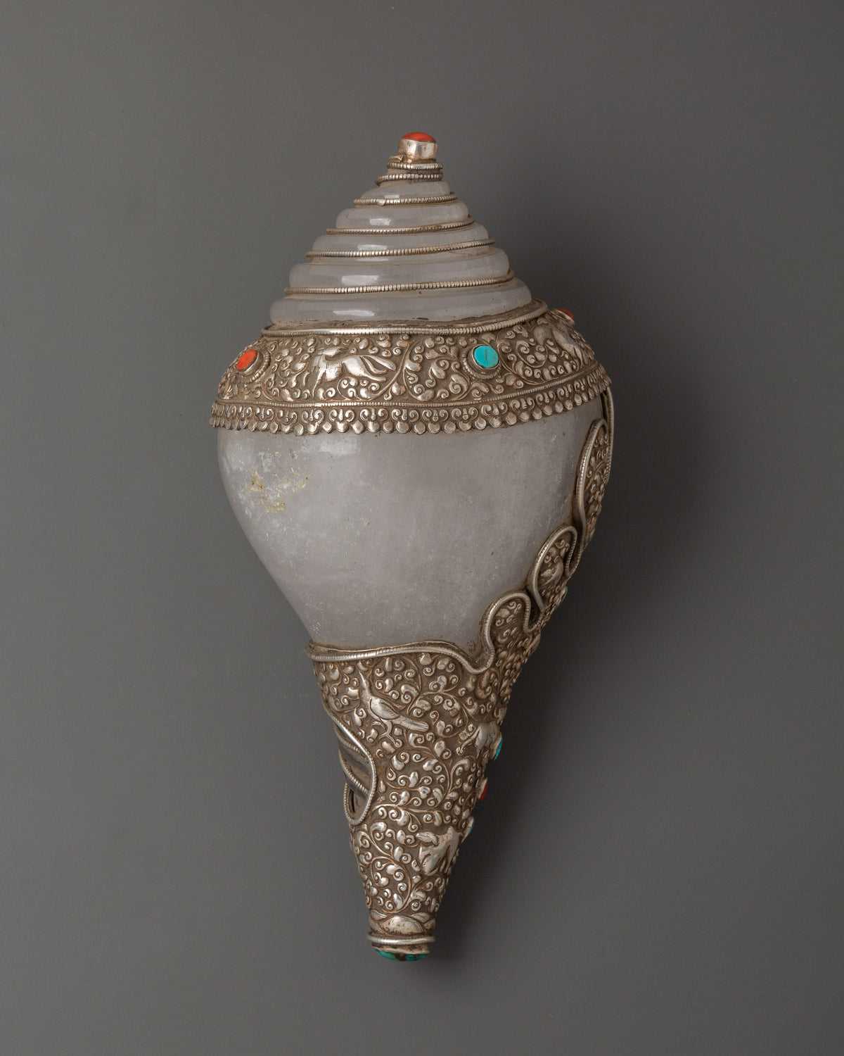 Tibetan Ritual Conch Shell with Silver Inlay | Crystal Shankha with Coral