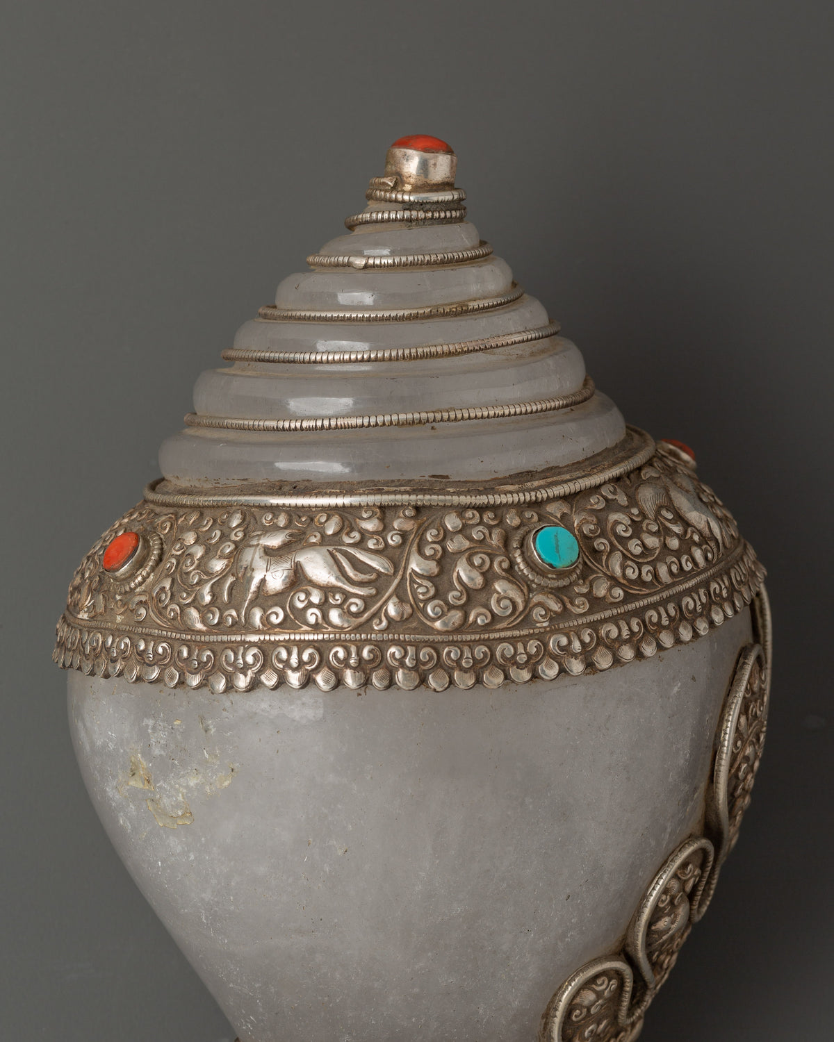 Tibetan Ritual Conch Shell with Silver Inlay | Crystal Shankha with Coral