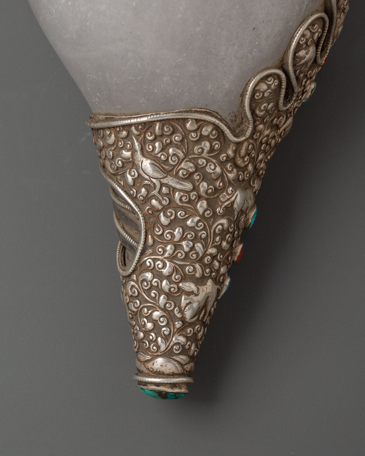 Tibetan Ritual Conch Shell with Silver Inlay | Crystal Shankha with Coral