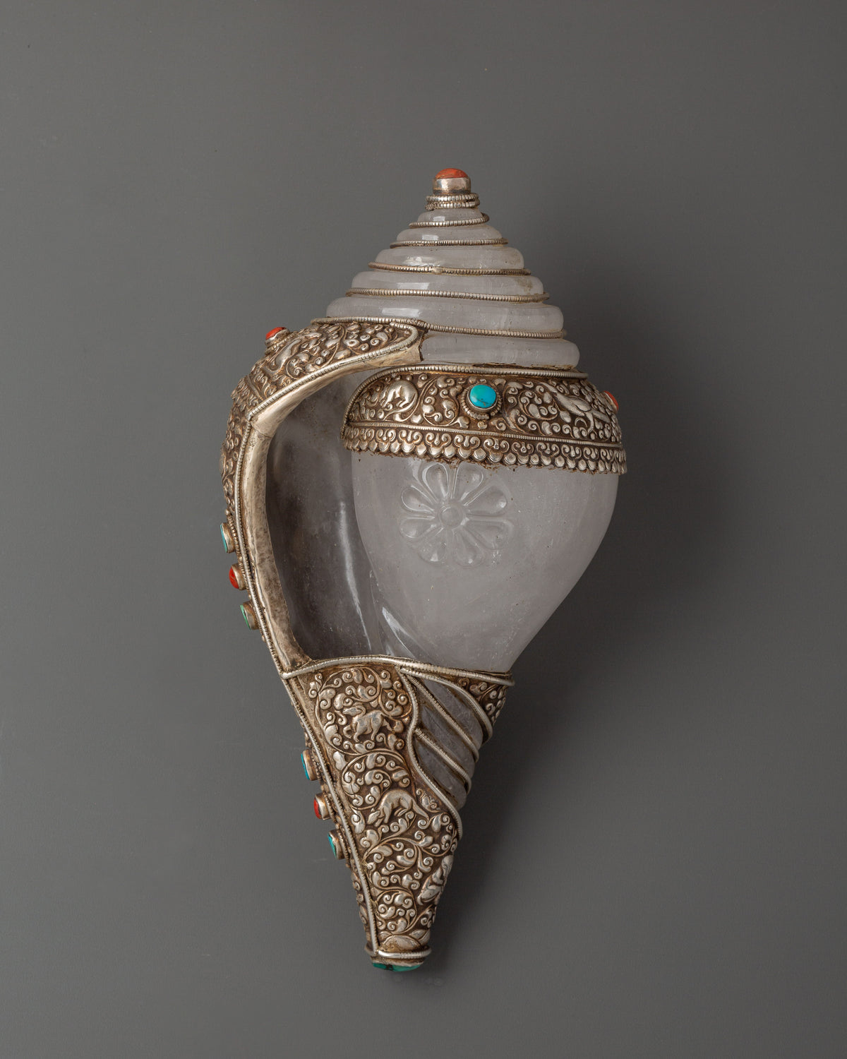 Tibetan Ritual Conch Shell with Silver Inlay | Crystal Shankha with Coral