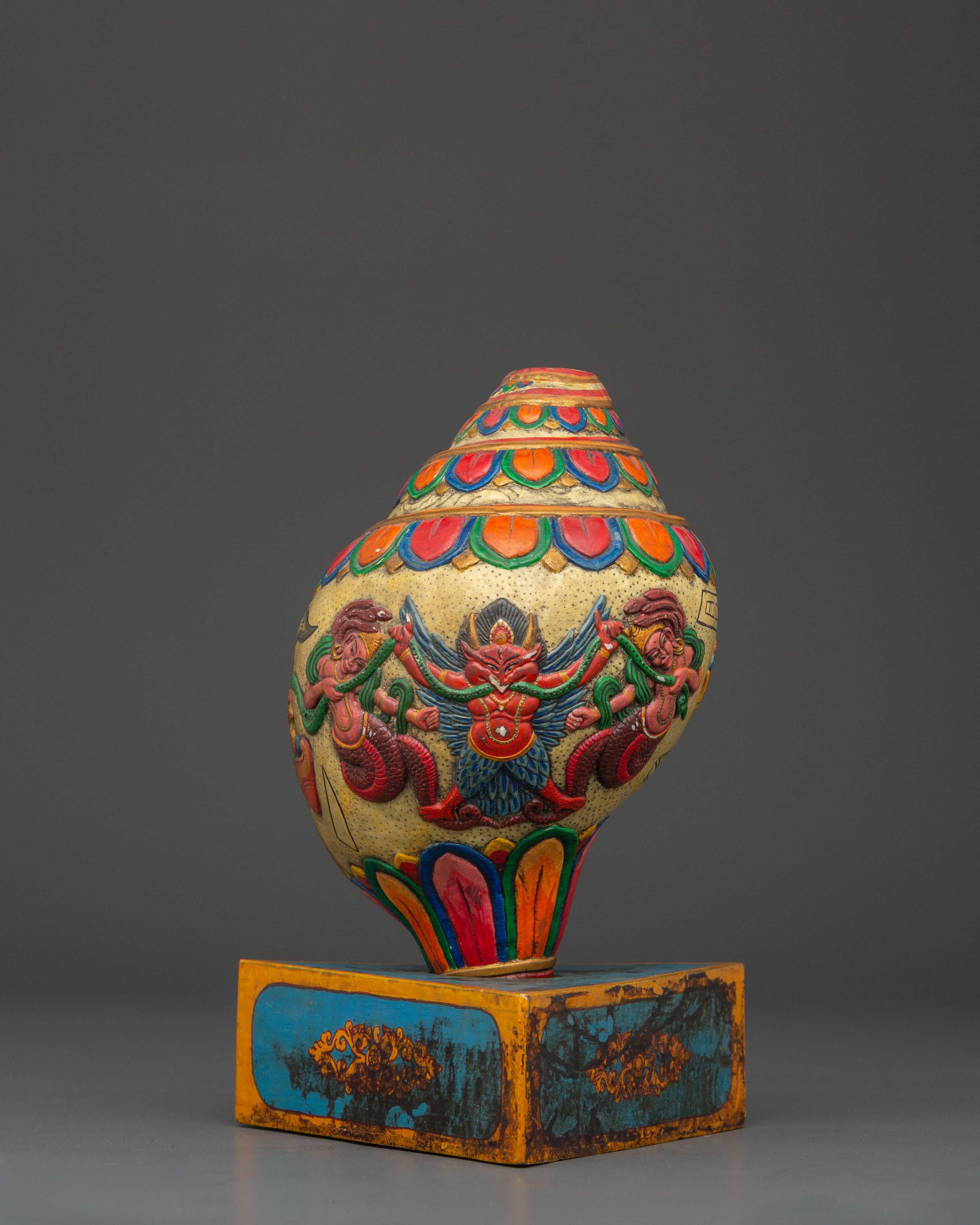 Tibetan Puja Conch Shell | Hand-Painted Ritual Shankha