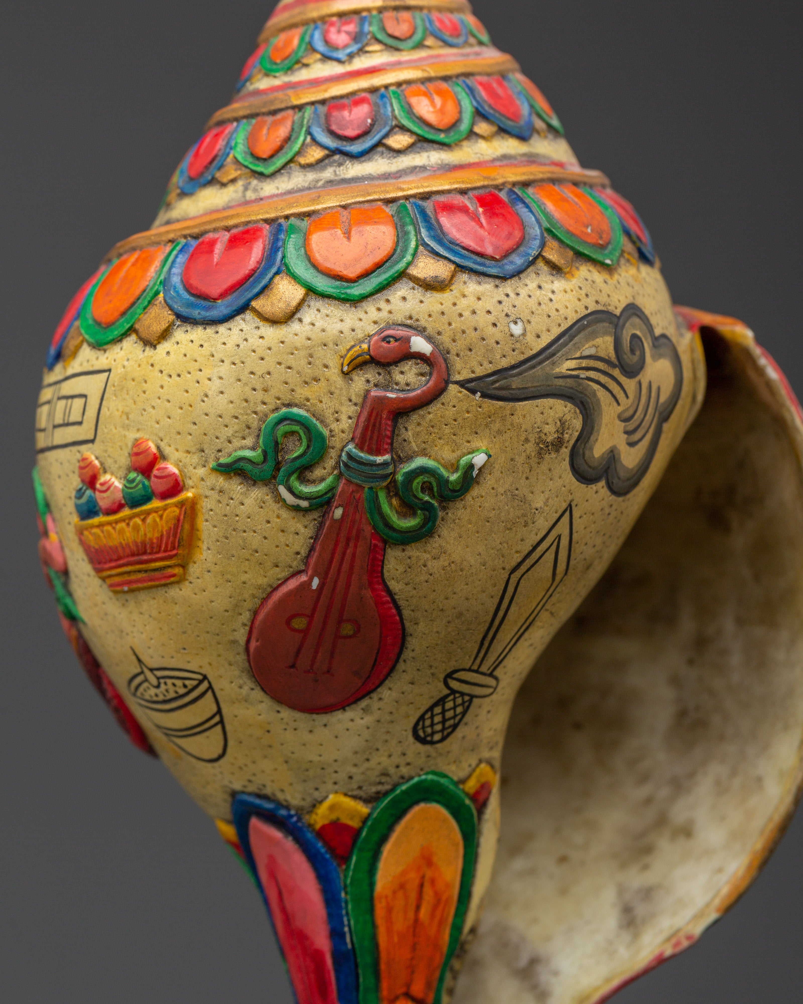 Tibetan Puja Conch Shell | Hand-Painted Ritual Shankha