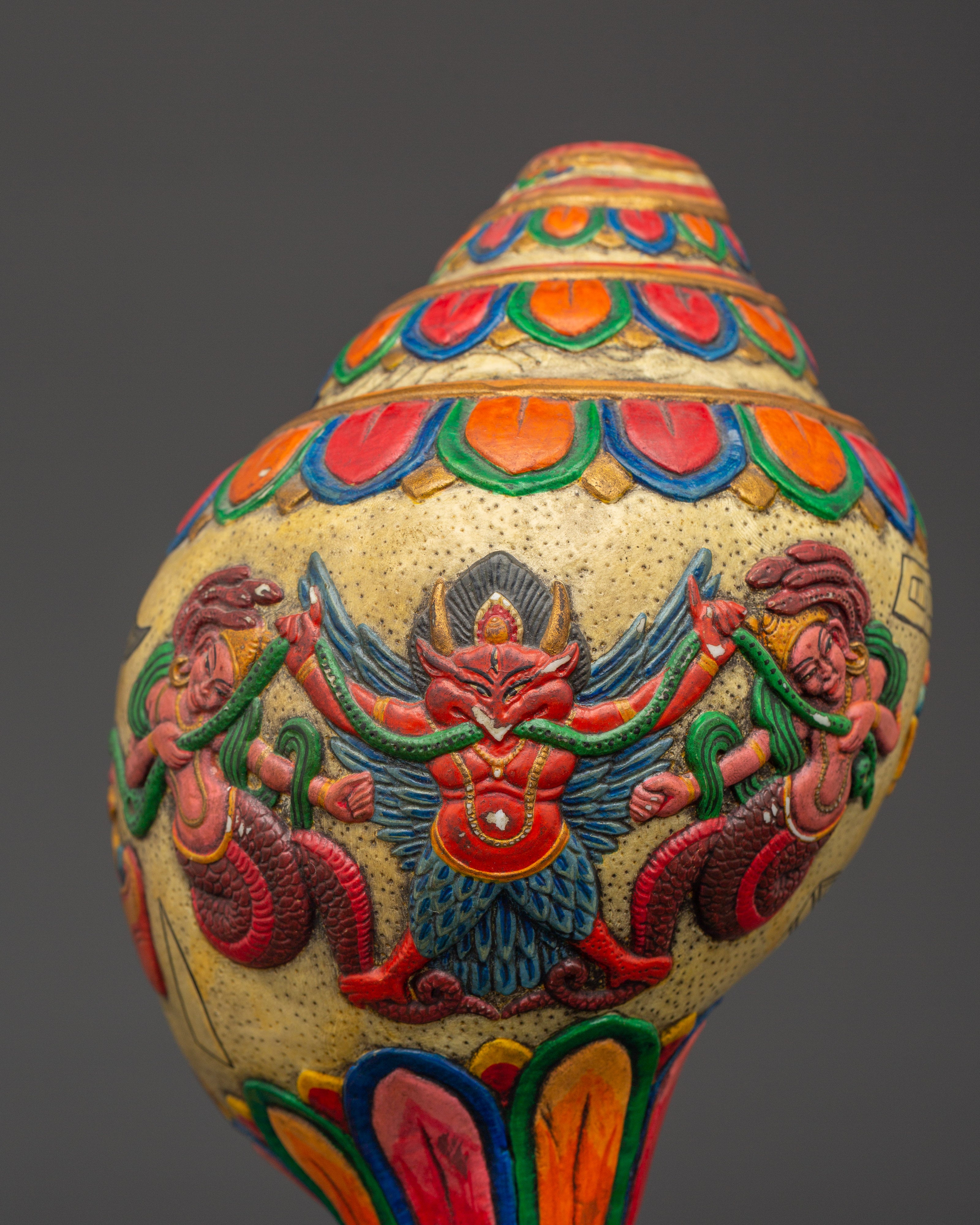 Tibetan Puja Conch Shell | Hand-Painted Ritual Shankha