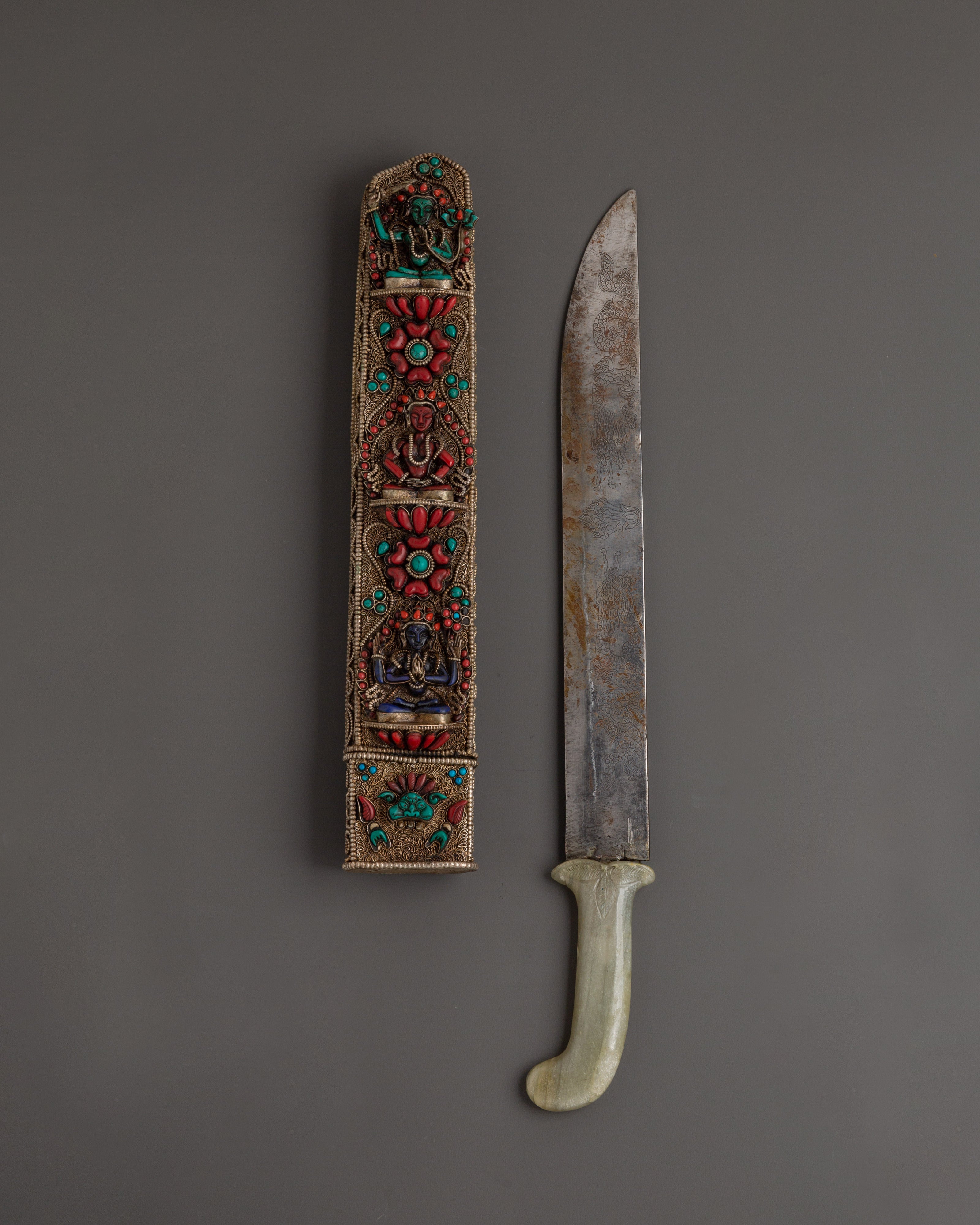 Tibetan Tantric Sword | Copper Ritual Dagger with Jade Handle