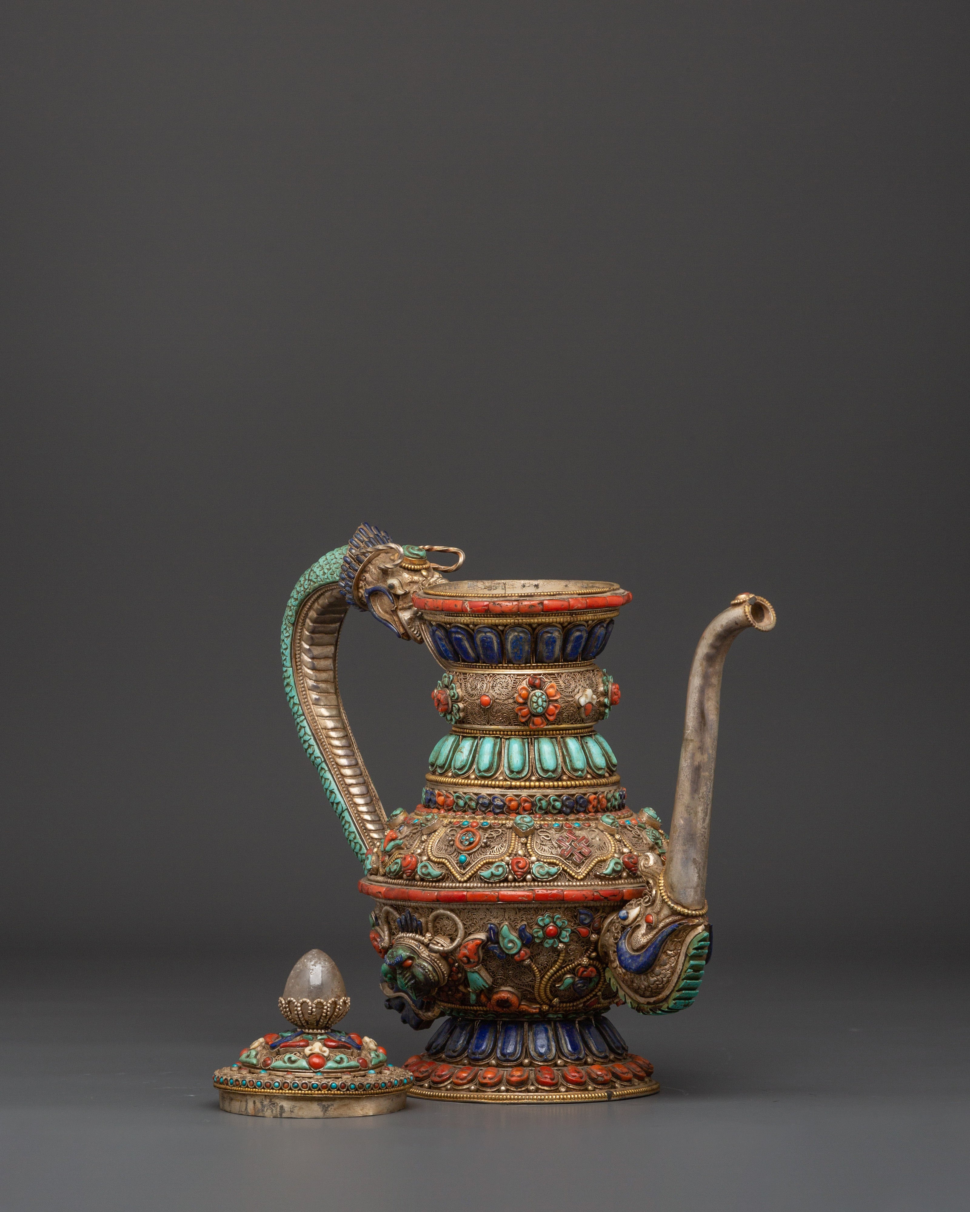 Himalayan Tea Pot with Semi-Precious Stones | Tibetan Ritual Teapot