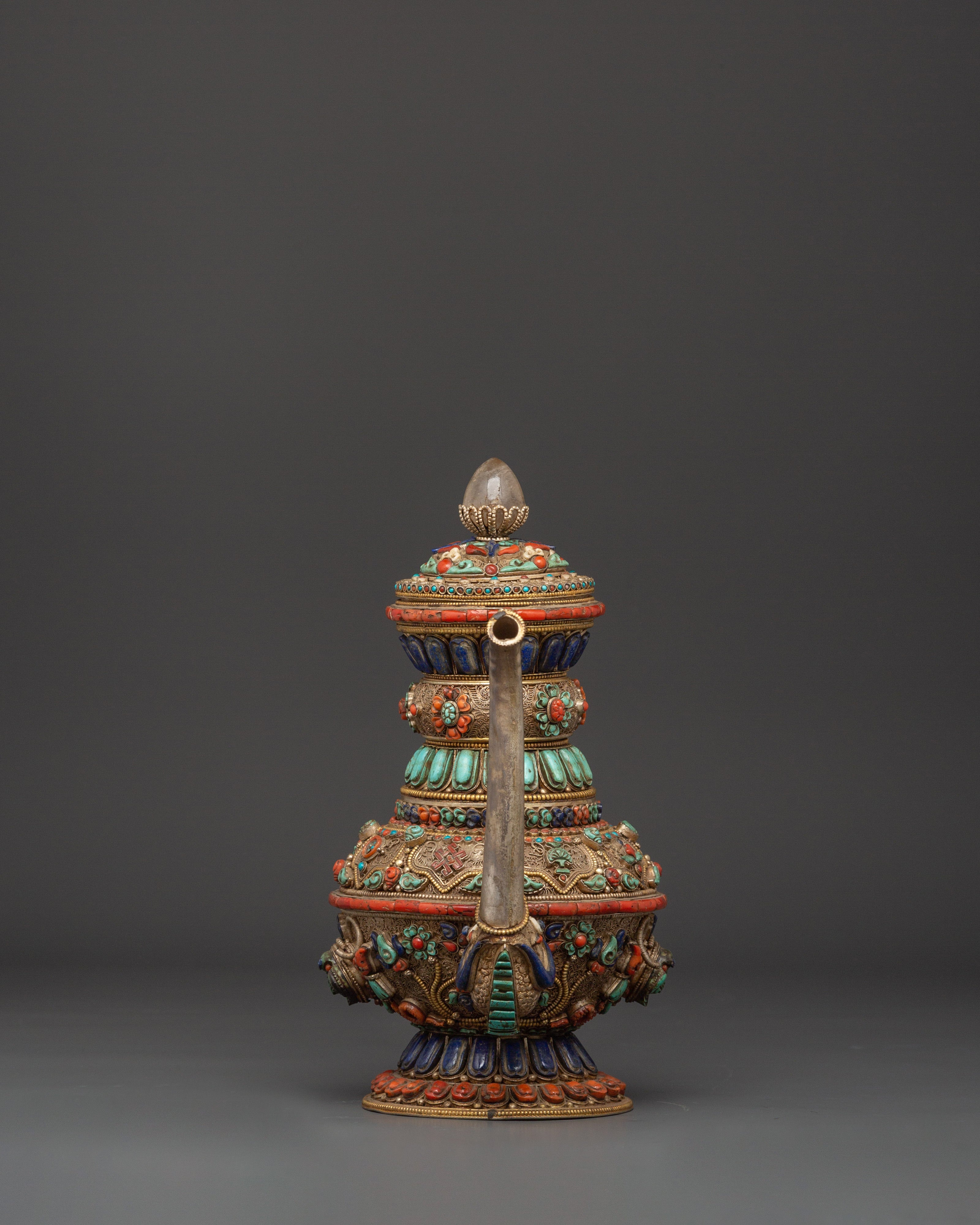 Himalayan Tea Pot with Semi-Precious Stones | Tibetan Ritual Teapot