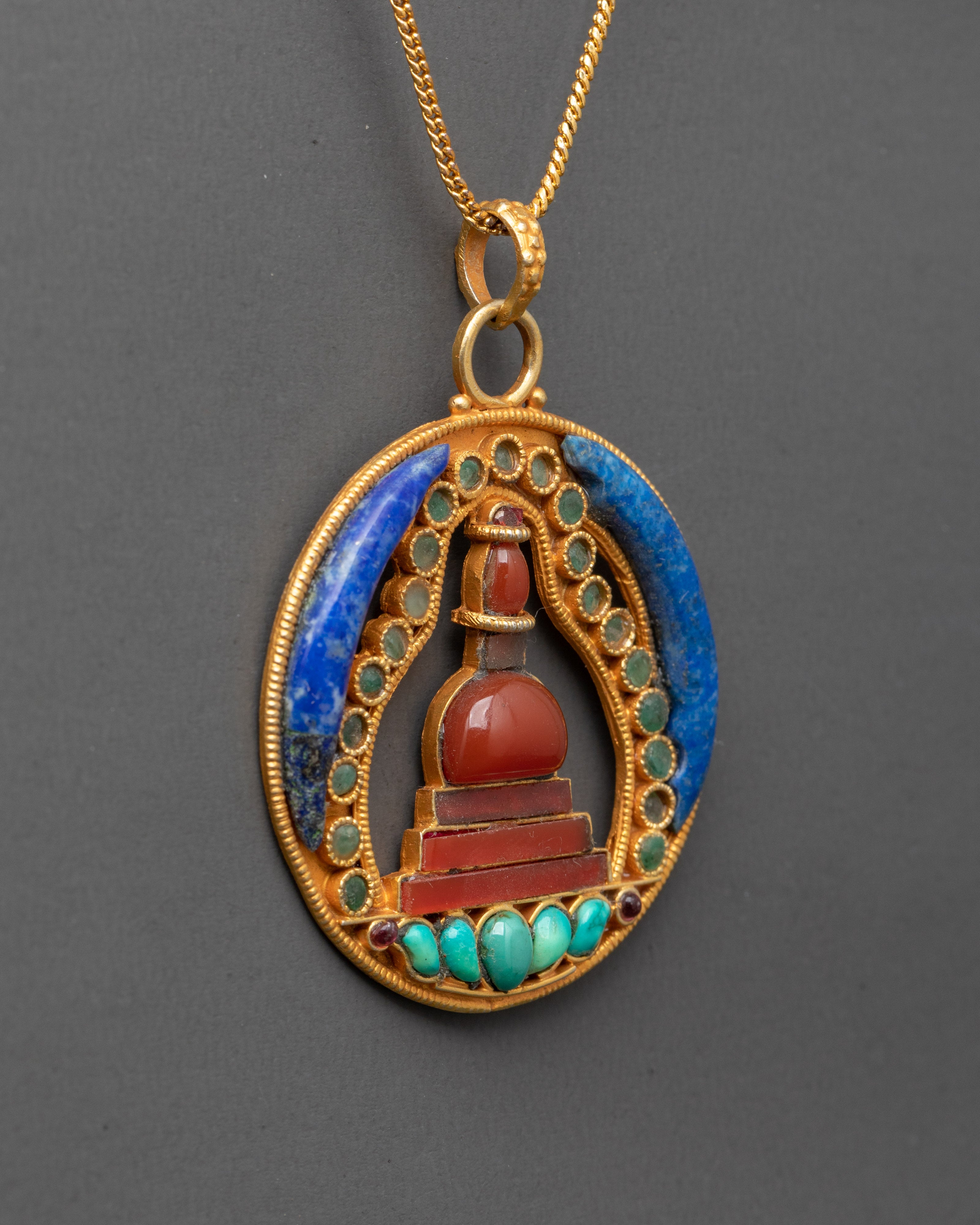 Sterling Silver Stupa Locket with Lapis Lazuli & Turquoise | For Healing Energy